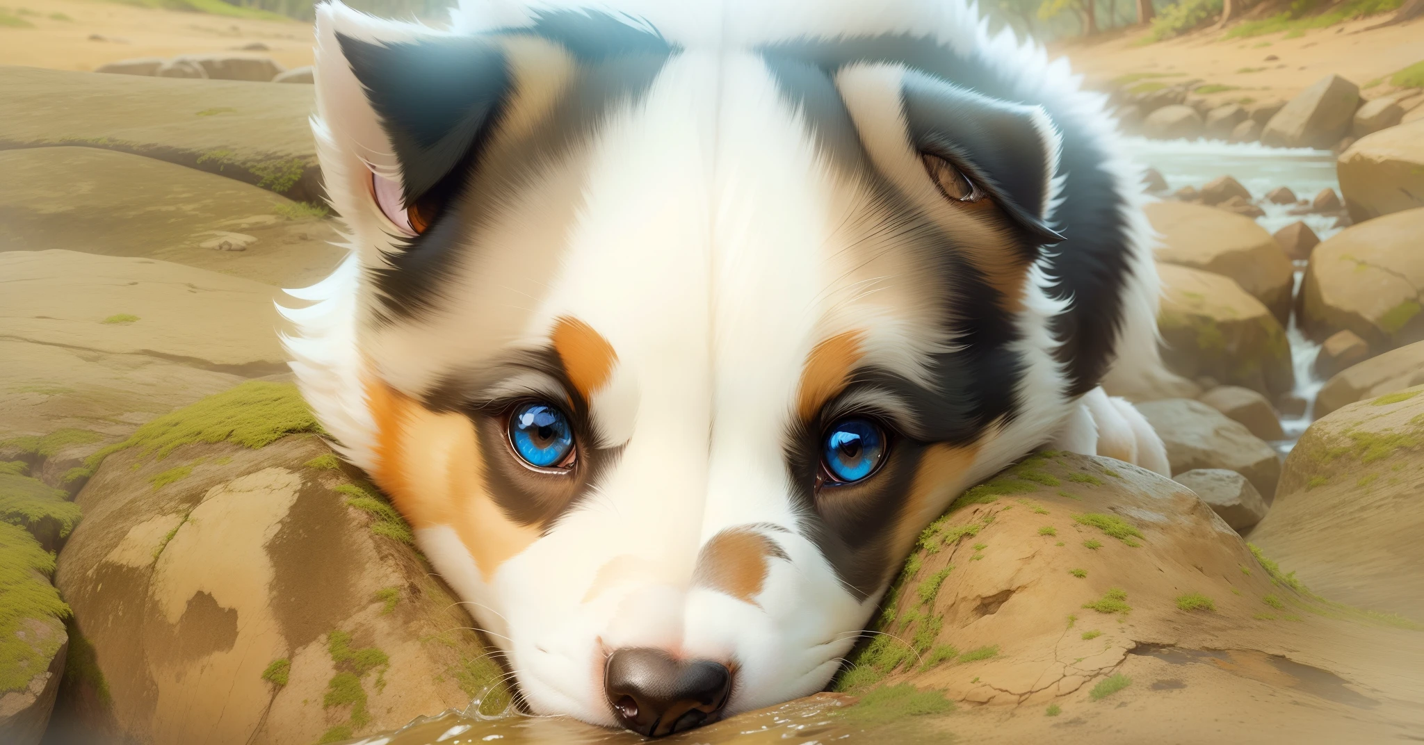 image of a Australian Border Collie puppy, rock, forest, creek, background, 8k resolution, highly detailed facial features, up-light, sharp eyes, better eyes, round pupil, identical round iris, mottled blue rust brown white grey black fur