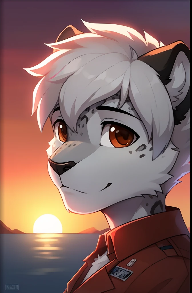 snow leopard, male, furry, white short curly hair, gray fur, military clothers, spots in face, brown eyes, sunset sky, gray spots in face, very small mouth, rounded black ear, mig-29 in the sky