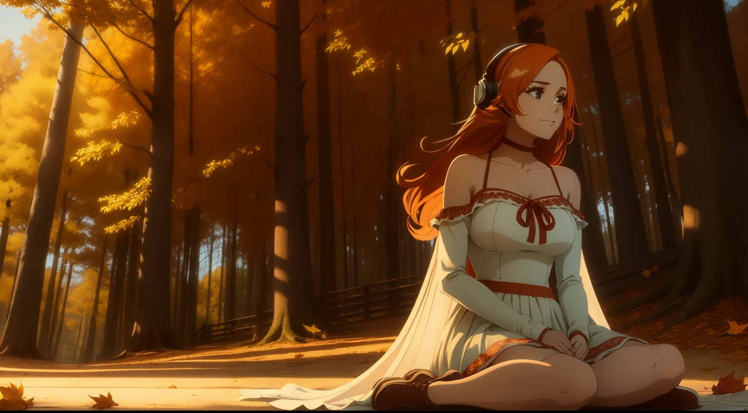 1 girl, Cowboy shot, (seios pequenos), ((headphone branco)), (with bohemian dress without necklines), (cabelo ginger), uma mulher linda com sutil sorriso, pele brilhante detalhada, meditation sitting on the floor in Lotus posture, in a forest full of autumn trees with leaves in shades of orange and red. O solo coberto de folhas cria uma atmosfera calma