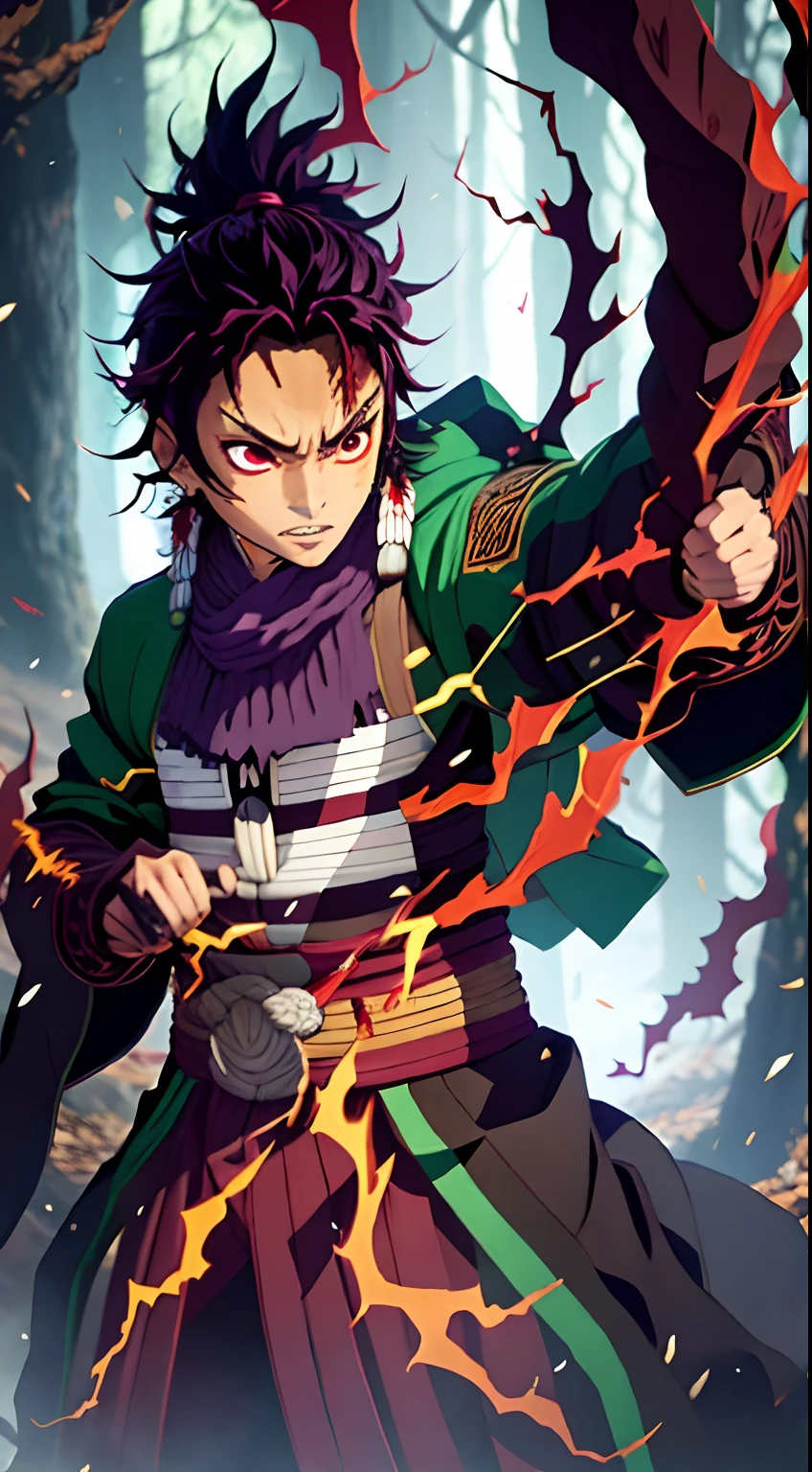 This unique artwork depicts Kamado Tanjiro in a transformed state, fully embracing his demonic powers. The artwork showcases a dramatic transformation where Tanjiro's appearance is altered with the influence of the demon within. His once gentle expression is now twisted, and his eyes glow with a fierce, amber intensity wearing light green cyberpunk jacket. The artwork features intricate details, such as elongated, sharp claws and fangs, as well as demonic markings that spread across his body. full body, The background is set in a dark, ethereal atmosphere, with shadows and flames swirling around Tanjiro, highlighting his newfound power. This artwork captures the intensity and ferocity with which Tanjiro fights against the forces of evil as a demon slayer