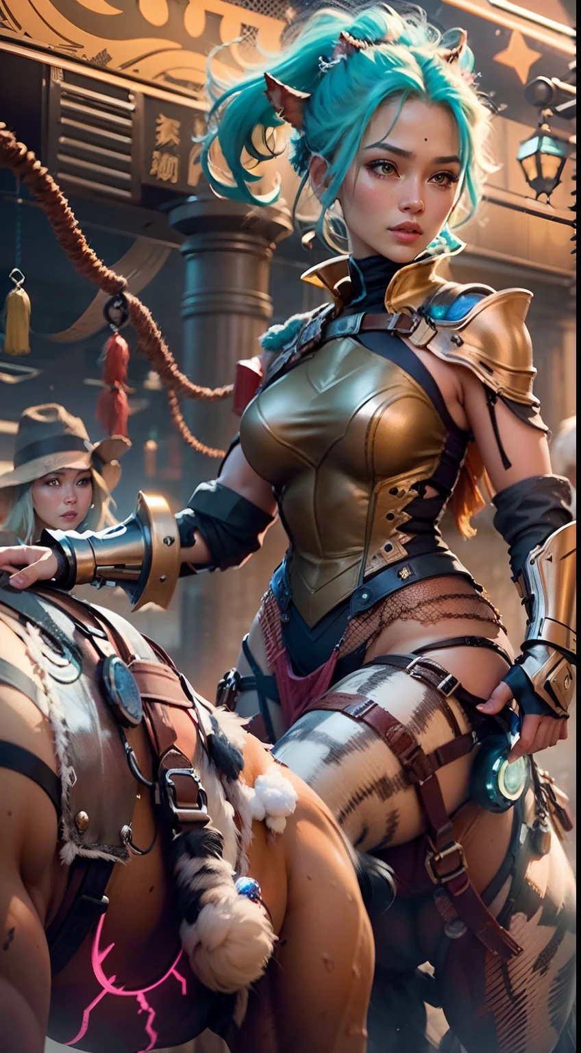 In a very grand scene,The extra-large wide-angle lens captures the appearance of a female centaur。She is tall,It has the ultimate curvy beauty,The muscles are slender and firm,Beautiful lines。Her facial features are tough and coquettish,Always with a sunny smile。She wears special tight-fitting equipment with a strong sense of technology,Step on multifunctional off-road style heels,Delicate and practical protective gear is worn on the hands, feet, wrists, neck and shoulders。The detection equipment around you flashes various cue lights and neon-like information screens,Let her exude a charming brilliance。Use Midjourney's advanced tools,Design special tight-fitting equipment for female centaurs,Highlight her unique physiological characteristics and appearance details,Add realism。And in her adventure scene,Spectacular views of nature,Such as the sky where storms and sunny days alternate、Brilliant rivers of stars and auroras、The snow-capped summit of Mount Everest、Fireworks in the mountain town, etc。ao mesmo tempo,Away from the hustle and bustle of Long Beach Pier is a neon-lit spaceship docked,Create a fantastic scene。Use Midjourney's advanced tools and multiple color palettes、Brush Strokes、Texture tools and model packages,It shows a sense of atmosphere where beauty and charm coexist。The charm of the female centaur is highlighted through color and lines,Enhance realism with detailing,Create a surreal dreamy feeling。Additionally,Use Midjourney's tools to add a variety of extreme sports gear and cultural trinkets to the female centaur,Create intricate hairstyles and outfits,Give her a sense of premium。She never flinches,Regardless of the terrain,can respond quickly,Even the extreme geography and dangerous terrain of aliens cannot stop her。Use Midjourney's powerful tools,You can do it with incredible detail and beauty,Bring this ultra-grand and beautiful scene to life。Ultra-grand scenes,super wide shot, hdr,(真实感,Masterpiece quality,best qualtiy),