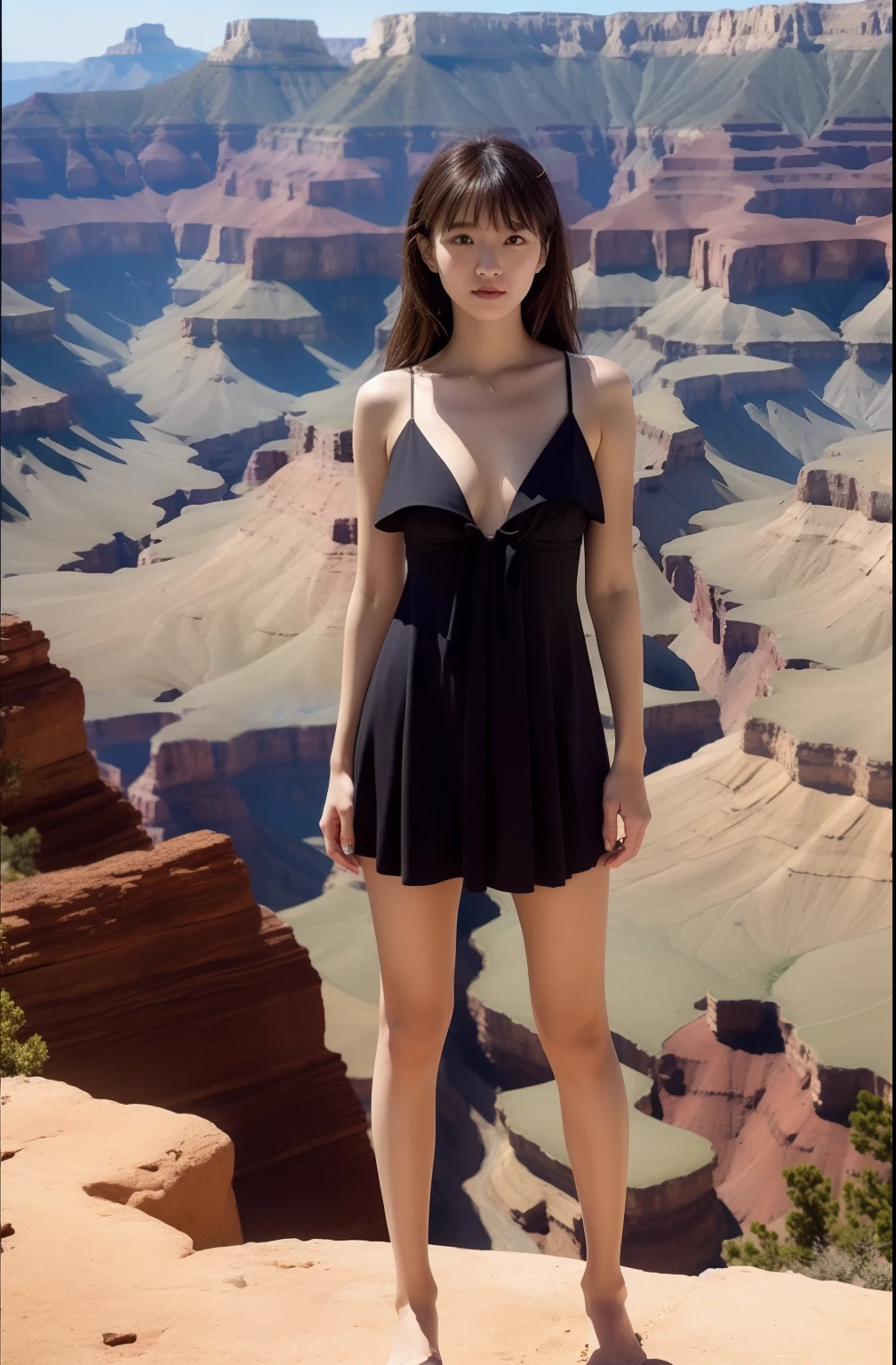 Full body photo of black tanned Japan woman with brown hair, Between the ages of 18 and 20, Stand with the heart of the Grand Canyon in the background, Model body type、realistic skin textures、small tits、Very small breasts、Slimed、A slender、high-level image quality、hight resolution、realisitic、Realistic、Realistic drawing of the Grand Canyon、summer  dress、bare-legged