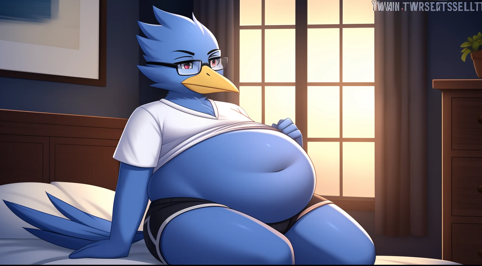 Berdly from Deltarune, solo, professional art made by twistedscarlett60, glasses, male, avian, bird, blue body, blue feathers, looking at you, pretty face, cute eyes, frown, white shirt, short sleeves, black shorts, shorts, indoors, night, windows, shirt pull, belly button, fat, overweight, chubby, obese, sitting, huge belly, thick thighs, wide hips, mad, pouting