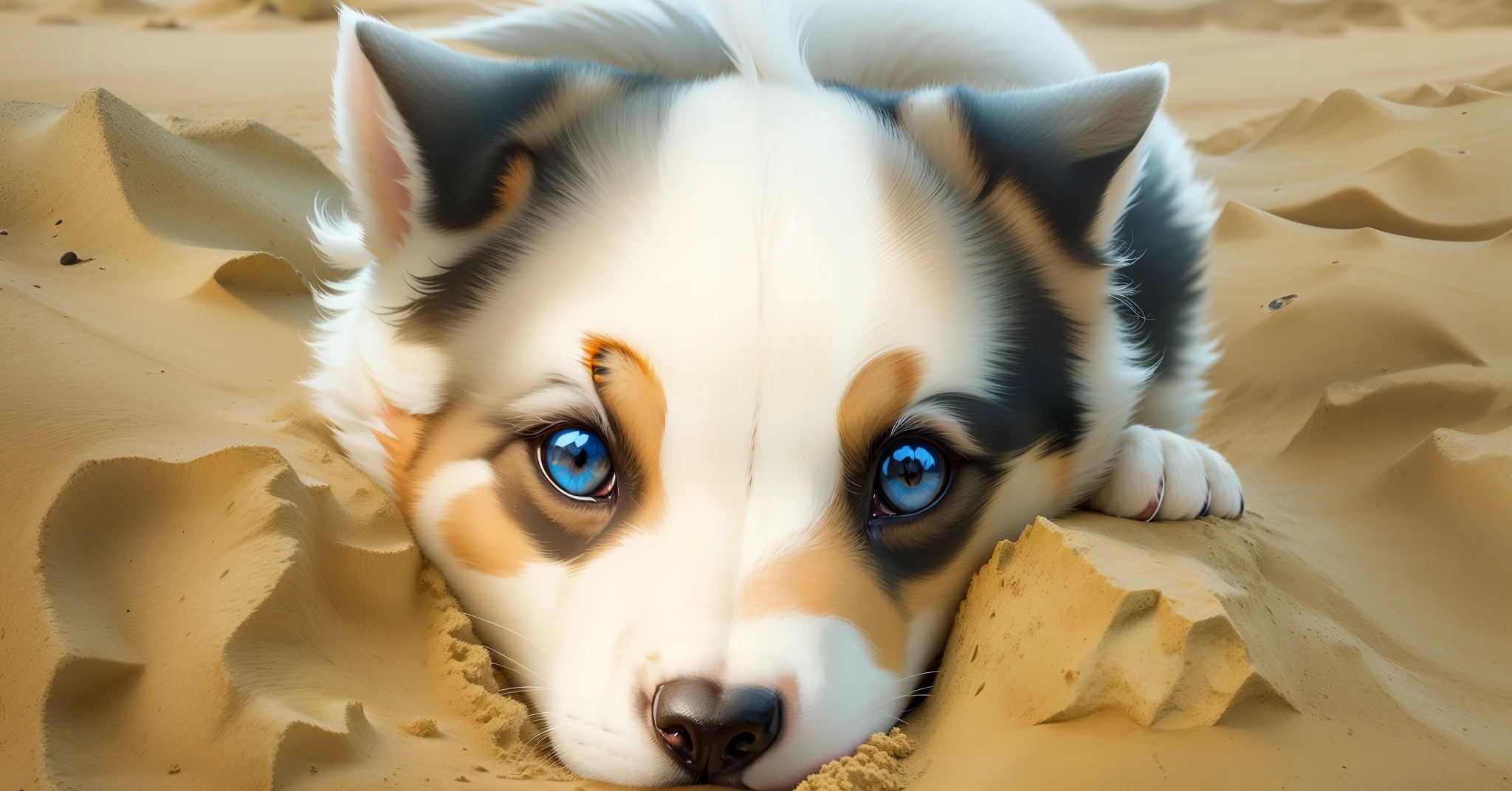 image of a Australian Border Collie puppy, sandy beach, background, 8k resolution, highly detailed facial features, up-light, sharp eyes, better eyes, round pupil, identical round iris, mottled blue rust brown white grey black fur