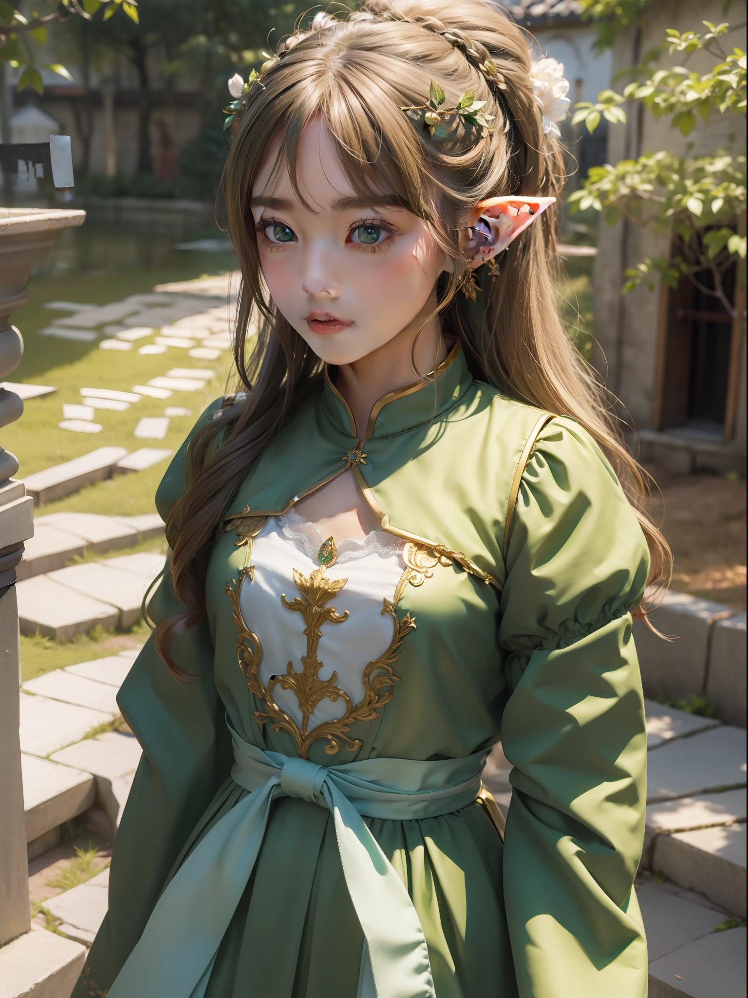top-quality, ​masterpiece, ultra-detailliert, Girl Like an Elf, 独奏, cute little, Wearing hair ornaments, Green clothing, Being in a European village, Sad look
