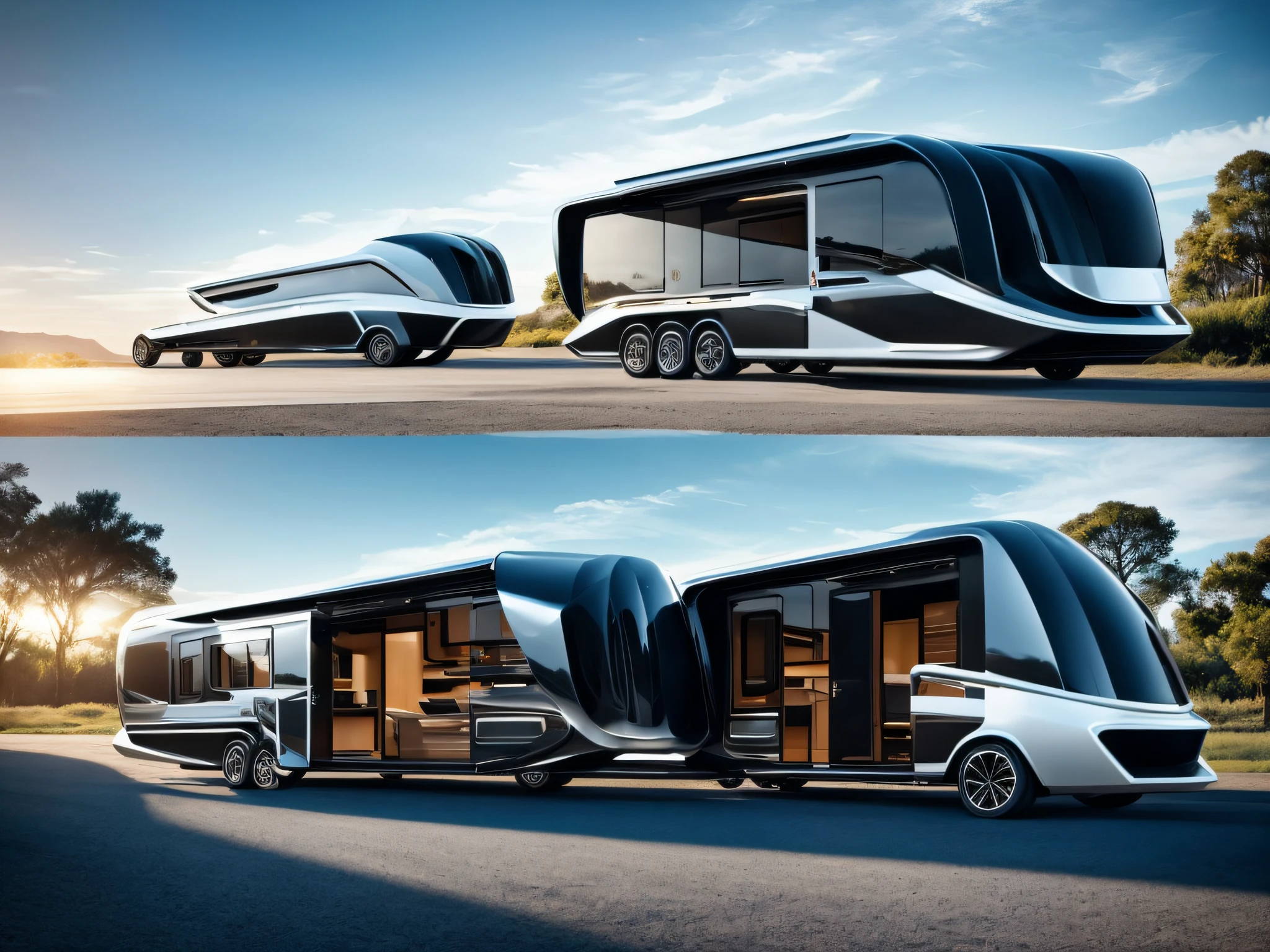 Imagine an image of an NFT depicting a futuristic towing vehicle with an impressive clarity of detail. Every aspect of this image has been meticulously designed to convey the feeling of innovation and advanced technology.

no centro da imagem, We have our own towing vehicle, with aerodynamic design and futuristic lines. Its structure is full of modern elements, as shiny surfaces, LED panels and panoramic windows. Cada detalhe, from angular contours to gleaming metallic finishes, is carefully designed to convey a sense of high technology and sophistication.

The front of the trailer is adorned with futuristic LED headlights, que emanam uma luz brilhante e intensa. The front grille is composed of elegant geometric lines, that perfectly match the overall style of the vehicle. The windows are large and panoramic, allowing an unobstructed view of the surrounding environment.

The sides of the trailer are decorated with futuristic details, as integrated solar panels, that provide sustainable energy for the vehicle. Sculpted lines and smooth curves give a touch of elegance and modernity. Detalhes adicionais, como portas deslizantes inteligentes e sensores de movimento, are incorporated to emphasize the advanced functionality of the trailer.

The rear of the vehicle is equipped with an electronic opening, revealing a large and luxurious interior space. The interior is designed with meticulous attention to detail, com acabamentos em materiais de alta qualidade, customizable ambient lighting and advanced entertainment and automation technologies.

The scenery around the trailer is equally impressive, with a futuristic landscape that complements the vehicle's styling. gleaming skyscrapers, High roads and flying vehicles add a sense of dynamism and progress. --auto
