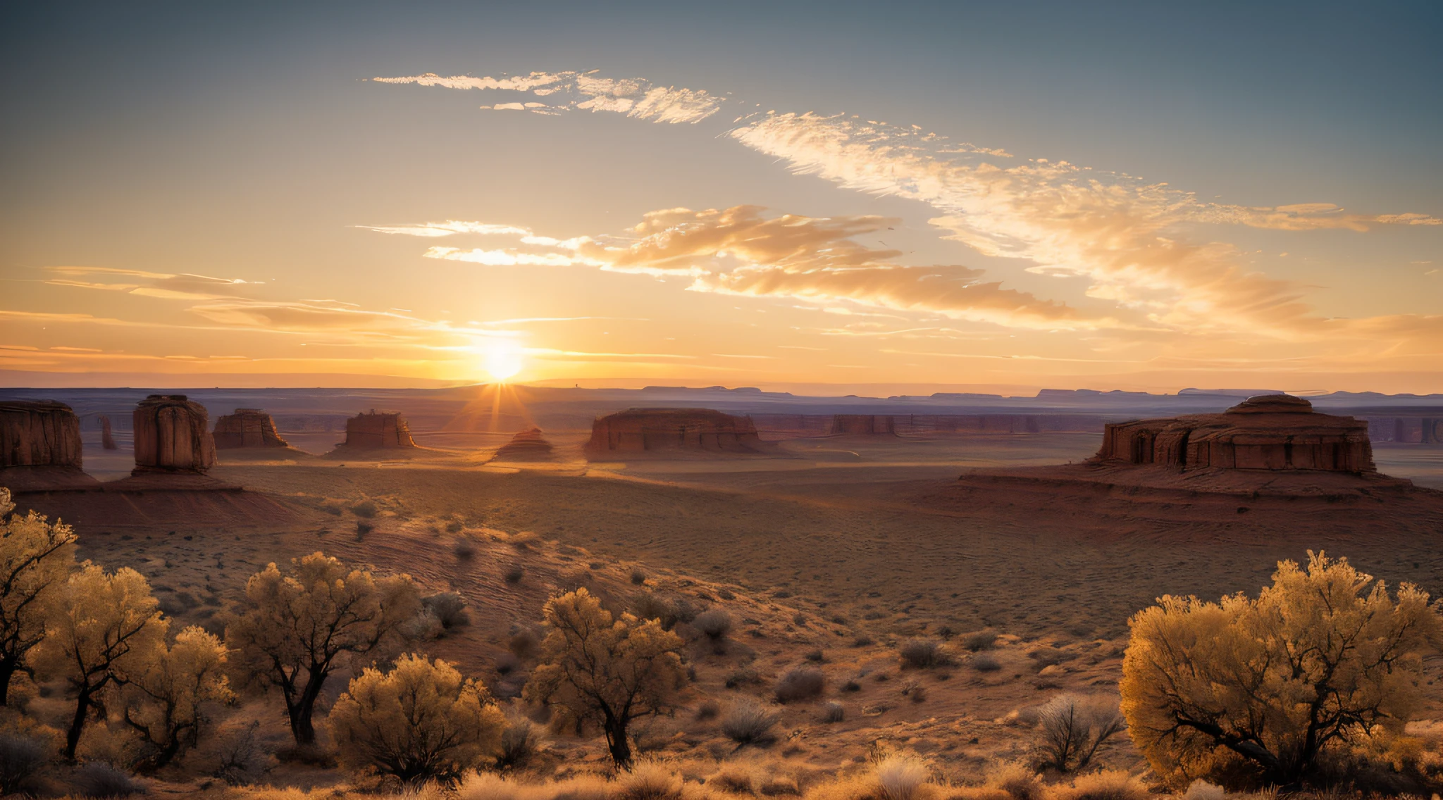 a beautiful wild west landscape, Golden Hour, Sunset, Wide angle camera, dynamic composition, intricate details, ultra definition, ultra resolution, masterpiece, Captured by Panavision Panaflex Platinum Camera with Panavision Primo Primes Spherical Lens 50mm T1.9, depth of field, Cinematic Lighting, Western environment