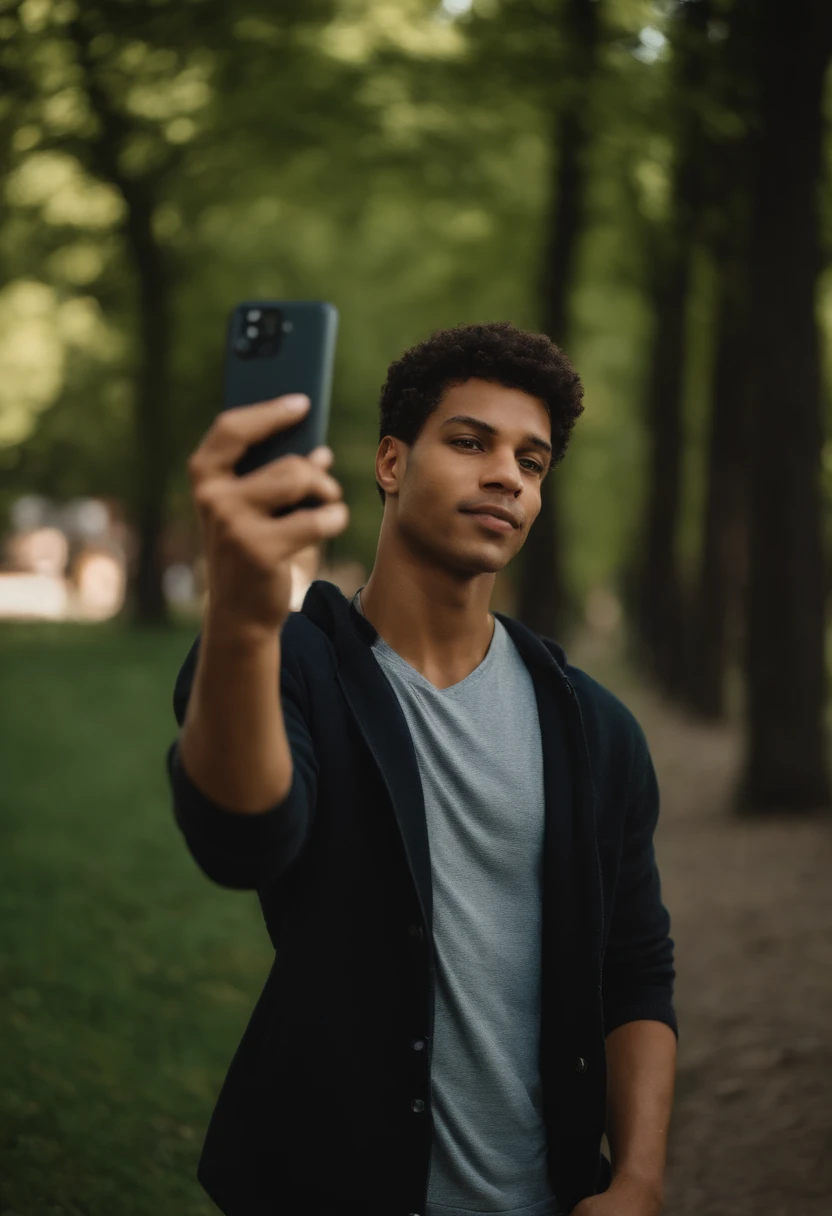 There's a man who's taking a selfie in the park, taken in the early 2020s, Foto al estilo de Tyler Mitchell, around 1 9 years old, frente a un fondo forestal, Imagen de perfil, Foto de perfil, Foto de perfil, Foto de perfil de la foto de cabeza, Retrato a mitad de plano, foto de perfil, nice afternoon lighting, Riyahd Cassiem, Foto de perfil