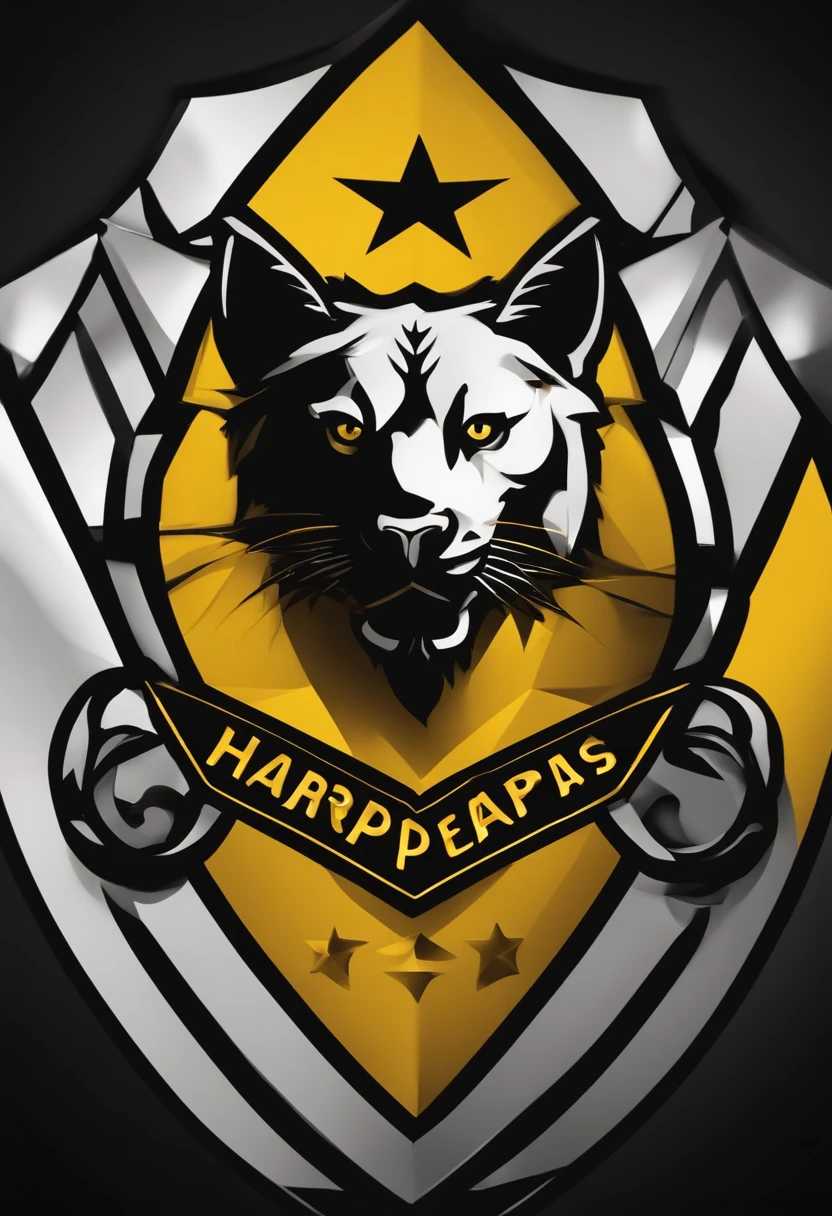 Escudo do Harpia F.C. estilo moderno: A diamond-shaped shield with clean, contemporary lines. The name "Harpy F.C." appears in yellow letters, estilizadas, no centro do escudo. Ao fundo, There's a stylized harpy, com asas estendidas e penas em preto e amarelo. As cores preta e amarela preenchem o restante do escudo, dando um contraste marcante.