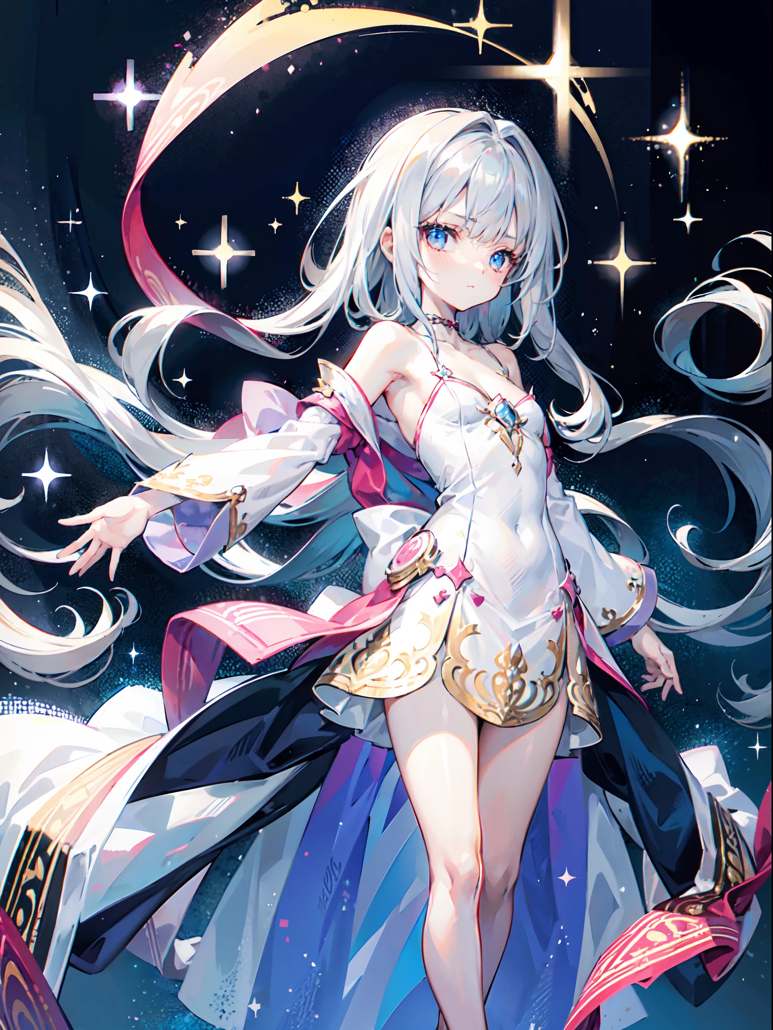 one girls, About , silber hair, length hair, robe blanche, Clothing that shows shoulders and collarbone, Serious look, Stretch your arms forward, Spread your palms, magic circles, the hair flutters with the wind, Glitter, mystical, hightquality, Top image quality, delicate illustration, Ultra-delicate,