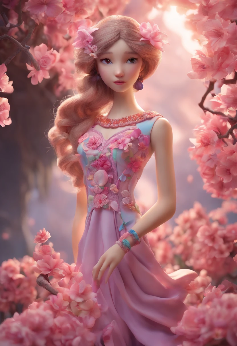 (highres:1.2, realistic:1.37), vibrant colors, surreal, ethereal, enchanting, (fantasy, whimsical:1.1), female, cherry blossom, hybrid, (detailed, intricate:1.1) floral patterns, magical, (flowing, long) hair, (delicate, graceful) pose, (luminous, glowing) skin, (exquisite, intricate) costume, (dreamlike, hazy) background, (soft, gentle) lighting