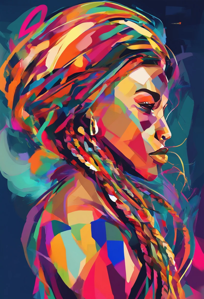 1 rapper with braid hair, usando regata, fundo abstrato minimalista, Geometric figures, color combination::3, Good lighting, vivid colors::2 Enhance every detail without taking away the quality::1, inspired in Elisabete Labate