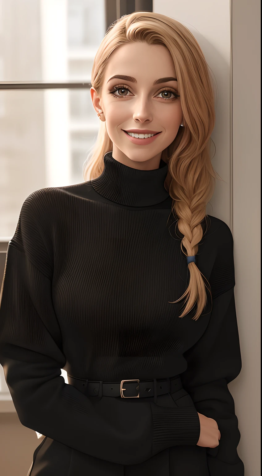(best quality,4k,8k,Altas,master part:1.2),ultra-detalhado,Realistic:1.37,retrato,Woman hair stuck in front with tail back, smiling in a black turtleneck sweater, Standing confidently, Looking directly at the camera, com um sorriso alegre no rosto. His eyes are bright and expressive, and her lips are beautifully curved. It exudes a sense of happiness and positivity. The turtleneck sweater accentuates his elegant neck, adding a touch of sophistication to your look. The lighting gently illuminates your face, criando uma atmosfera acolhedora e convidativa. The work is created using a combination of acrylic painting and digital illustration techniques, resultando em uma impressionante mistura de meios tradicionais e modernos. The colors are vibrant and vivid, with a subtle warmth that adds depth and dimension to the portrait. The background is simple, allowing the focus to be on the woman and her captivating expression. The overall composition is balanced and visually pleasing, capture the essence of the subject's personality and charm.