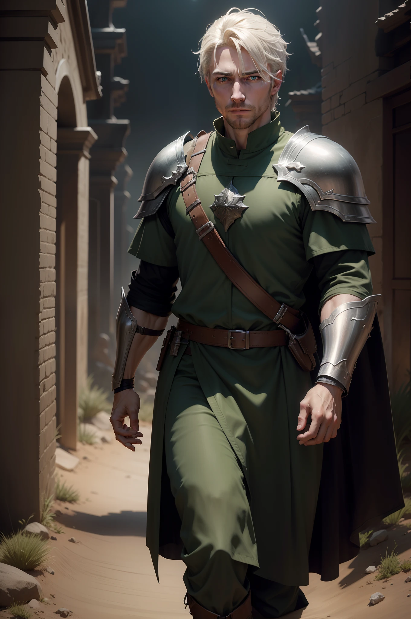 realistic image and in 8k, of a handsome man, 35 years old, blond, short hair, extremely detailed green eyes, dressed in dark green cleric clothes and with silver shoulder pads, RPG warrior style, tired expression, walking under the night of a desert