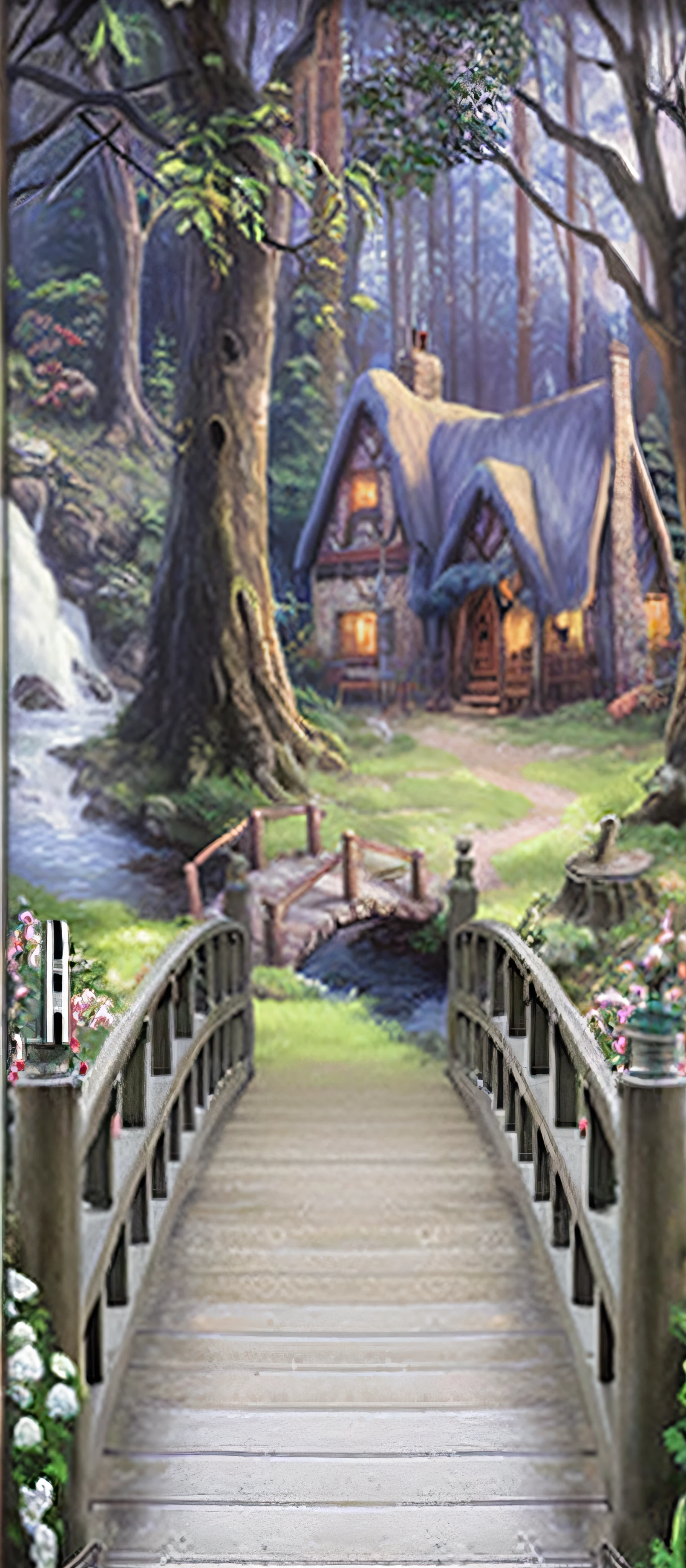 painting of a cottage in the woods with a stream running through it, cottage in the forest, cottage in the woods, 4 k matte thomas kinkade, beautiful house on a forest path, detailed painting 4 k, idyllic cottage, thomas kinkade cfg _ scale 9, house in forest, 4k detailed art, thomas kinkade cfg _ scale 8, kinkade