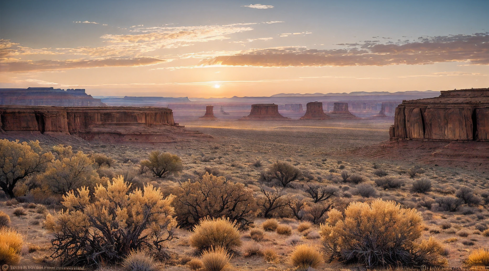 a beautiful wild west landscape, Golden Hour, Sunset, Wide angle camera, dynamic composition, intricate details, ultra definition, ultra resolution, masterpiece, Captured by Panavision Panaflex Platinum Camera with Panavision Primo Primes Spherical Lens 50mm T1.9, depth of field, Cinematic Lighting, Western environment