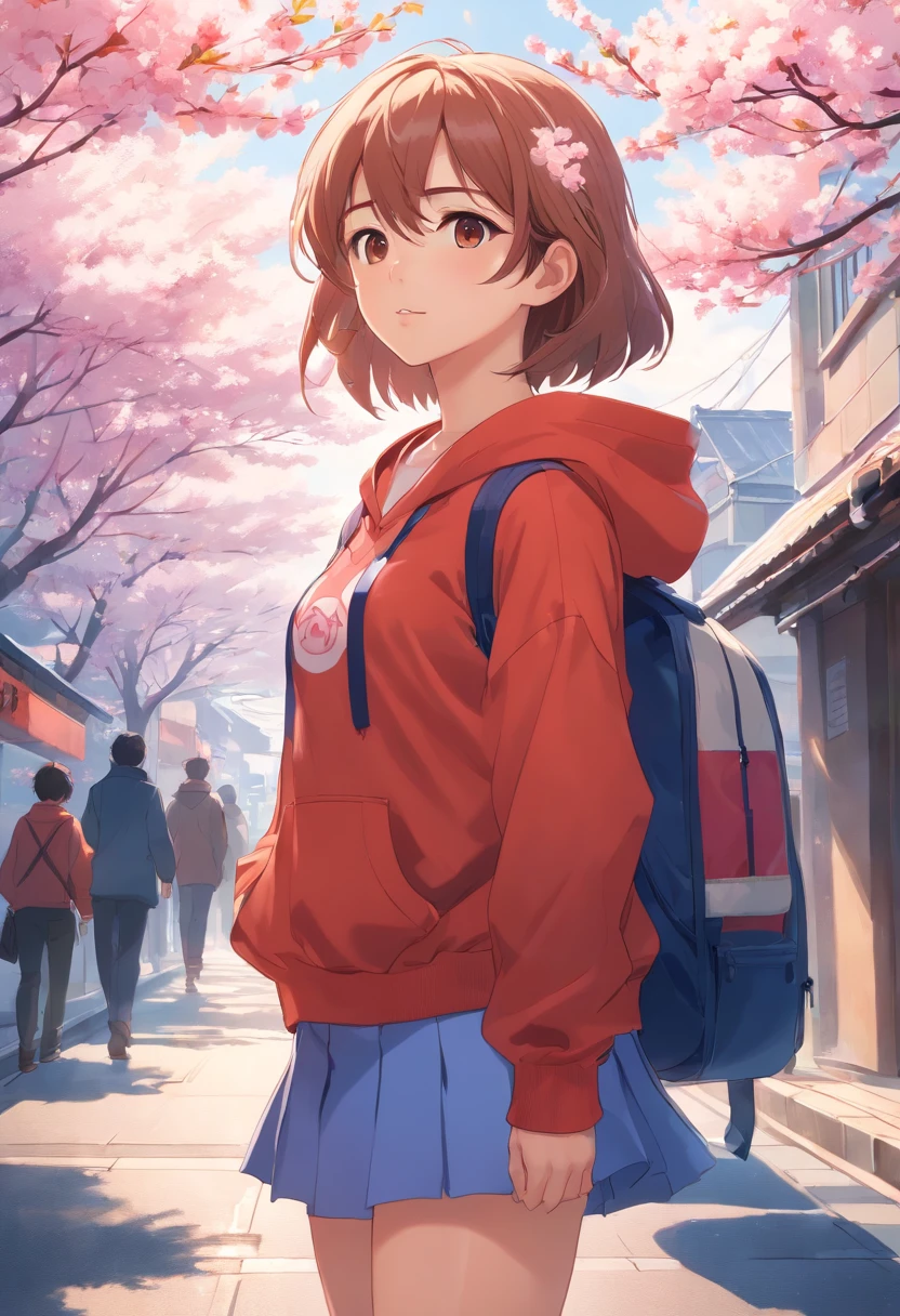 Beautiful young Kilnanshipka, Very realistic facial details, 14 years old, Very light skin tone, eye glass, Large earrings, Hooded top, Pleated skirt, Light-colored leggings, Morning sun, Hyperrealistic, Model body, Small of breast, Long hair, Wavy hair, red hair tips, Long legs, 8K, 超高分辨率, Best quality, Cities in Japan, toyko, Raw portrait, Photorealistic, cherry blossom, Ambient lighting, Detailed shadows, Camera focus in the genitals, strong winds, Mist