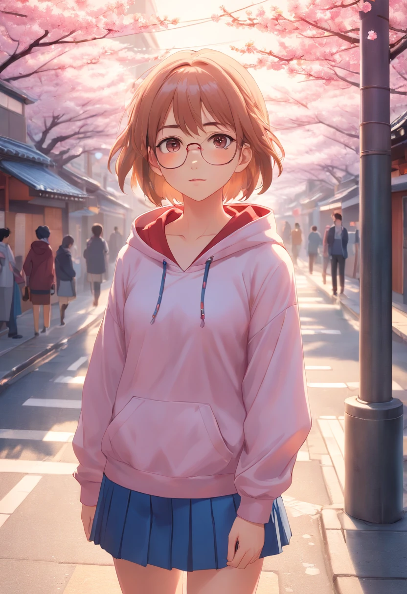 Beautiful young Kilnanshipka, Very realistic facial details, 14 years old, Very light skin tone, eye glass, Large earrings, Hooded top, Pleated skirt, Light-colored leggings, Morning sun, Hyperrealistic, Model body, Small of breast, Long hair, Wavy hair, red hair tips, Long legs, 8K, 超高分辨率, Best quality, Cities in Japan, toyko, Raw portrait, Photorealistic, cherry blossom, Ambient lighting, Detailed shadows, Camera focus in the genitals, strong winds, Mist