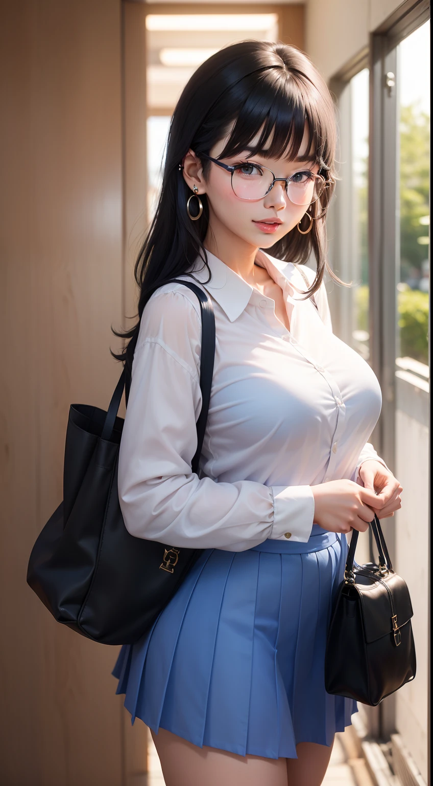 18 year old Japanese girl, posing, looking straight at the camera, laughing loudly, standing on a clear blue beach(top quality: 1.4),(masterpiece: 1.3),(sharp focus: 1.2), (Photorealsitic:1.4),(Short, silky black hair, wearing earrings, holding a bag in perfect style:1.4),(Double eyelids, sharp and gentle eyes, wearing glasses, large white round glasses that look Scholar: 1.2), Shining face, full body photo, (white skin, pink lips: 1.3), short-sleeved silk shirt, big breasts, closed shirt, school uniform skirt, 4k photo