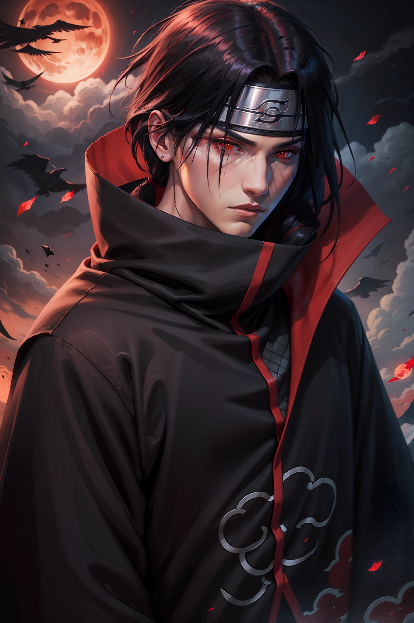 a young man covered in black cape with red cloud drawing or akatsuki robe from naruto, itachi uchiha, itachi, akatsuki, itatchi uchiha, epic digital art illustration, shinobi, naruto artstyle, no headband, red moon in the background, red theme, from naruto, long black hair, shinobi from naruto, fire, crow,