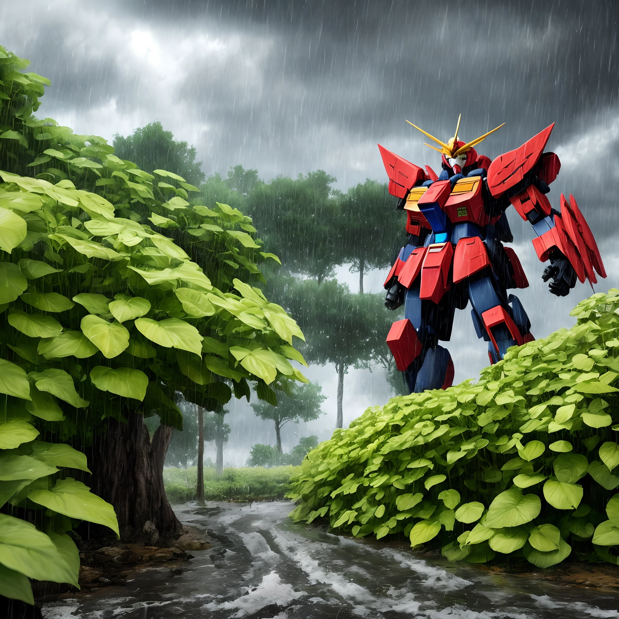 Japanese Wind Spirit Gundam,Rainstorm scene,Protect plants,time