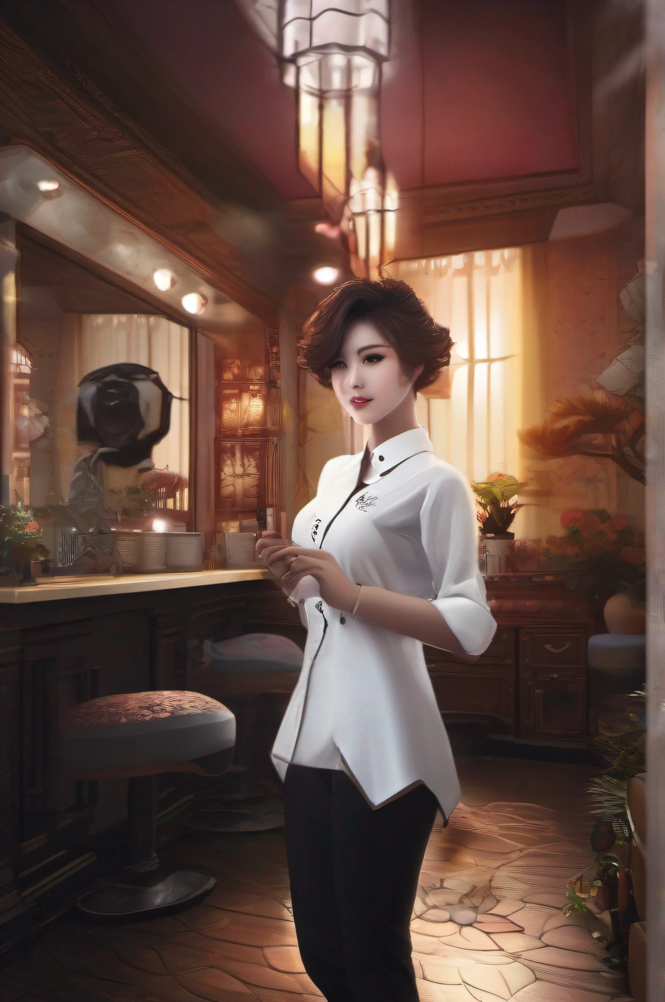 Work in a beauty salon、femele、short-cut、White shirt、Black Pantaloons、Back lighting、Looking at the camera