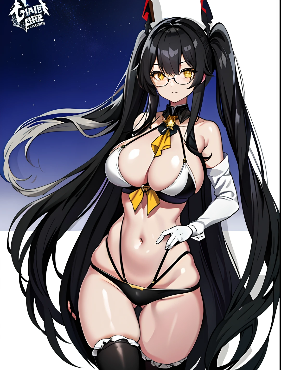 masterpiece,(bestquality),highlydetailed,ultra-detailed,{black hair} (long whitr hair)(Lateral hair)(Shawl hair)(hair straight)，(glasses),(Yellow eyes),fleshy feeling，fleshy legs,anime girl in a black swimsuit and a life preserver, kantai collection style, azur lane style, from girls frontline, from the azur lane videogame, anime moe artstyle, characters from azur lane, pixiv 3dcg, silver eyes full body, black haired deity,  twintails black_gloves, fullbody commission for