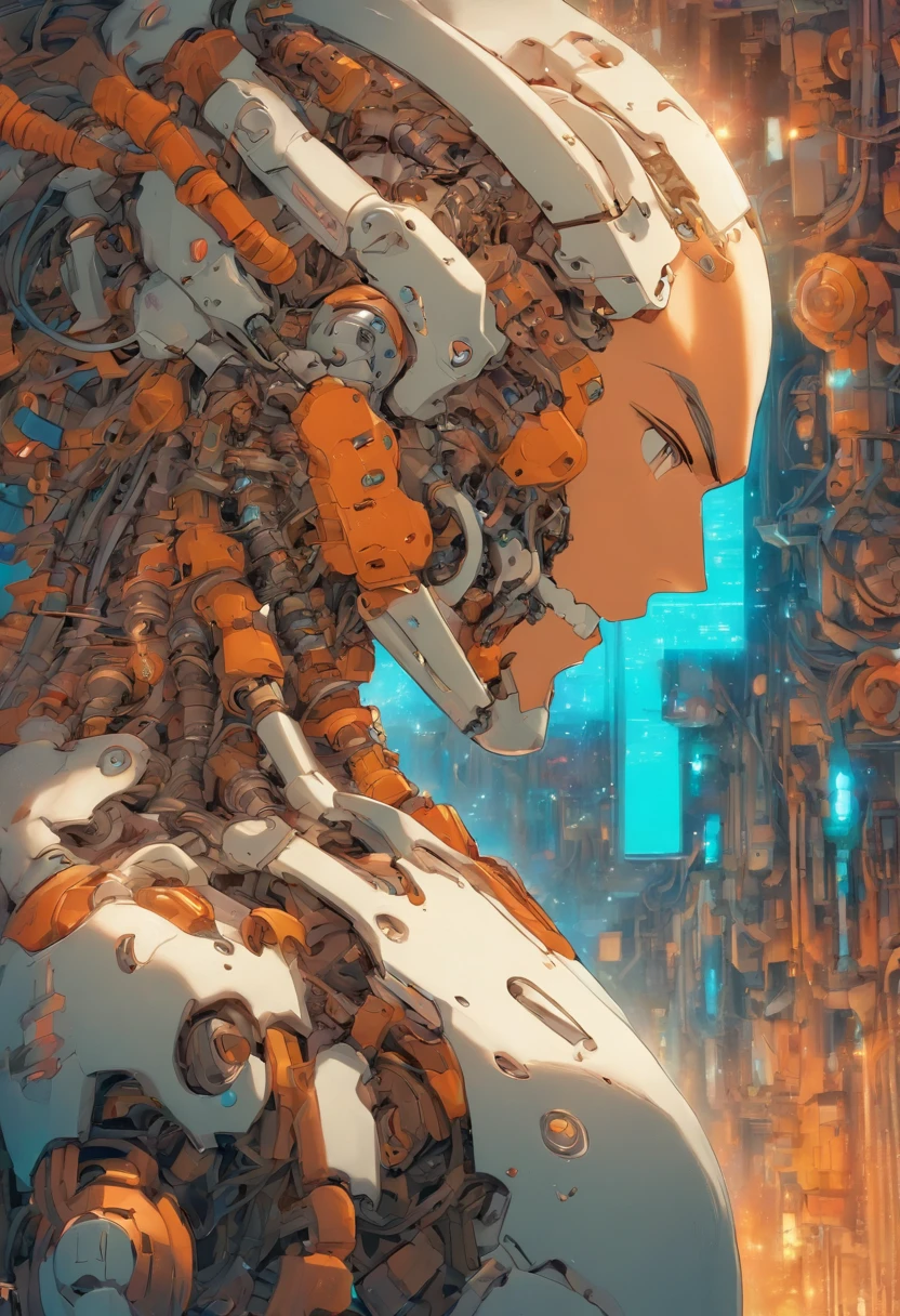 anime, manga, extremely detailed, fixed eyes, handsome, ikemen, android, robot, animatronic, male, man, brown hair, long hair, thick hair, human face, android body, robotic body, ear receivers, Robot Ears, Mechanical Ears, Ear Modules, Ear Orbs, Ear Apparatus, Robotic Auditory Sensors, Audio Receptors, Ear Enhancements, Auditory Augmentations, Cybernetic Ears, Auricular Mechanisms, Audio Transducers, Auris Cybertech, Auditory Prosthetics, Sound Receivers, Ear Augmentation Units, Aural Modules, MechNecks, RoboNecks, Cybernetic Necks, Neck Enhancements, Cervical Cyborgs, Machine Spines, Mechanical Napes, Neck Upgrades, Artificial Vertebrae, Cervical Cybernetics, Neck Prosthetics, Robotic Cervix, Artificial Cervical Units, Cervical Augmentation Systems