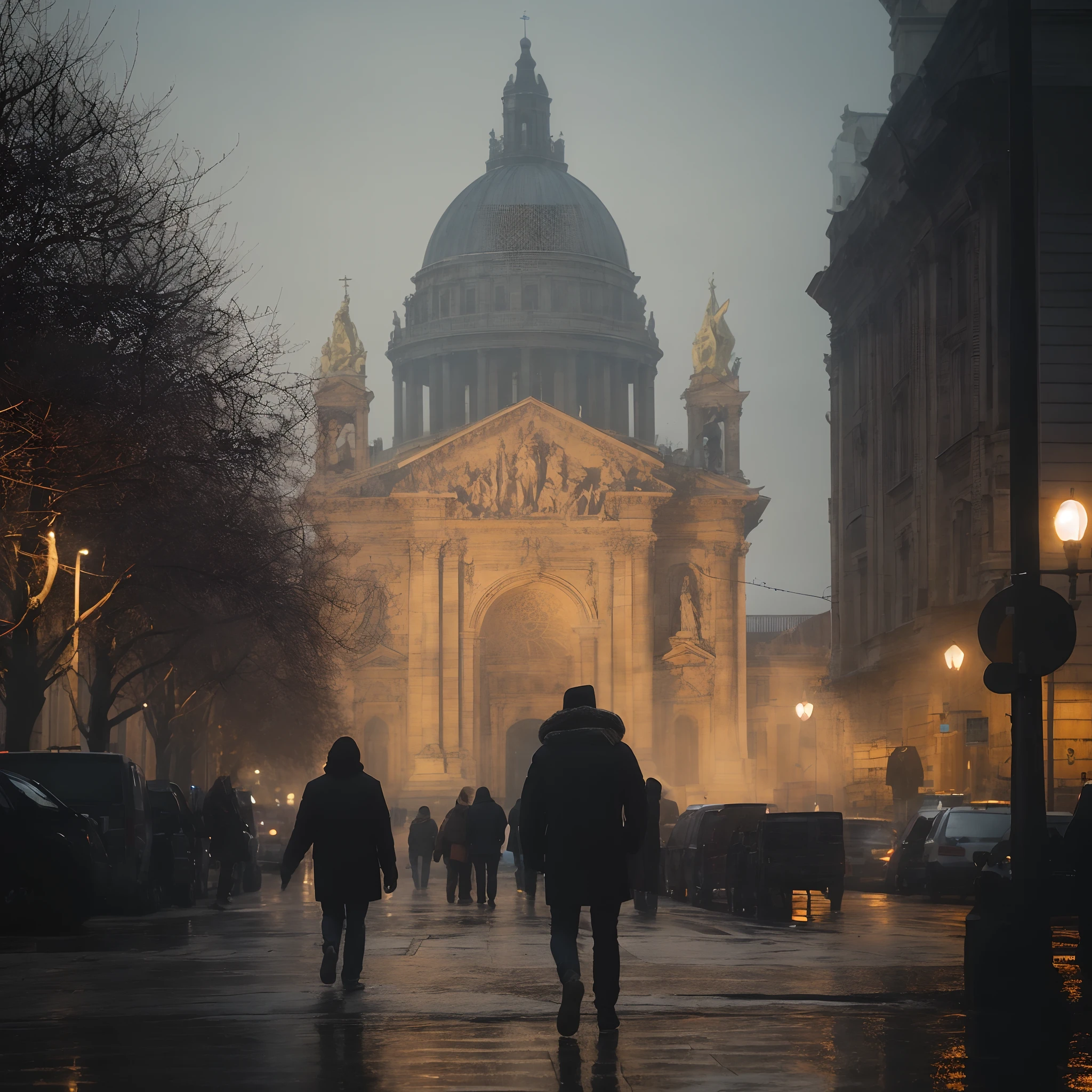 pessoas caminhando por uma rua na chuva com uma catedral ao fundo, Directed by: Fabien Charuau, Humor nebuloso, Directed by: Eugeniusz Zak, Directed by: Roman Bezpalkiv, Rua de Paris Fotografia, Directed by: Jakub Rozalski, Directed by: Raphaël Collin, Directed by: Johan Grenier, Directed by: Grzegorz Rutkowski