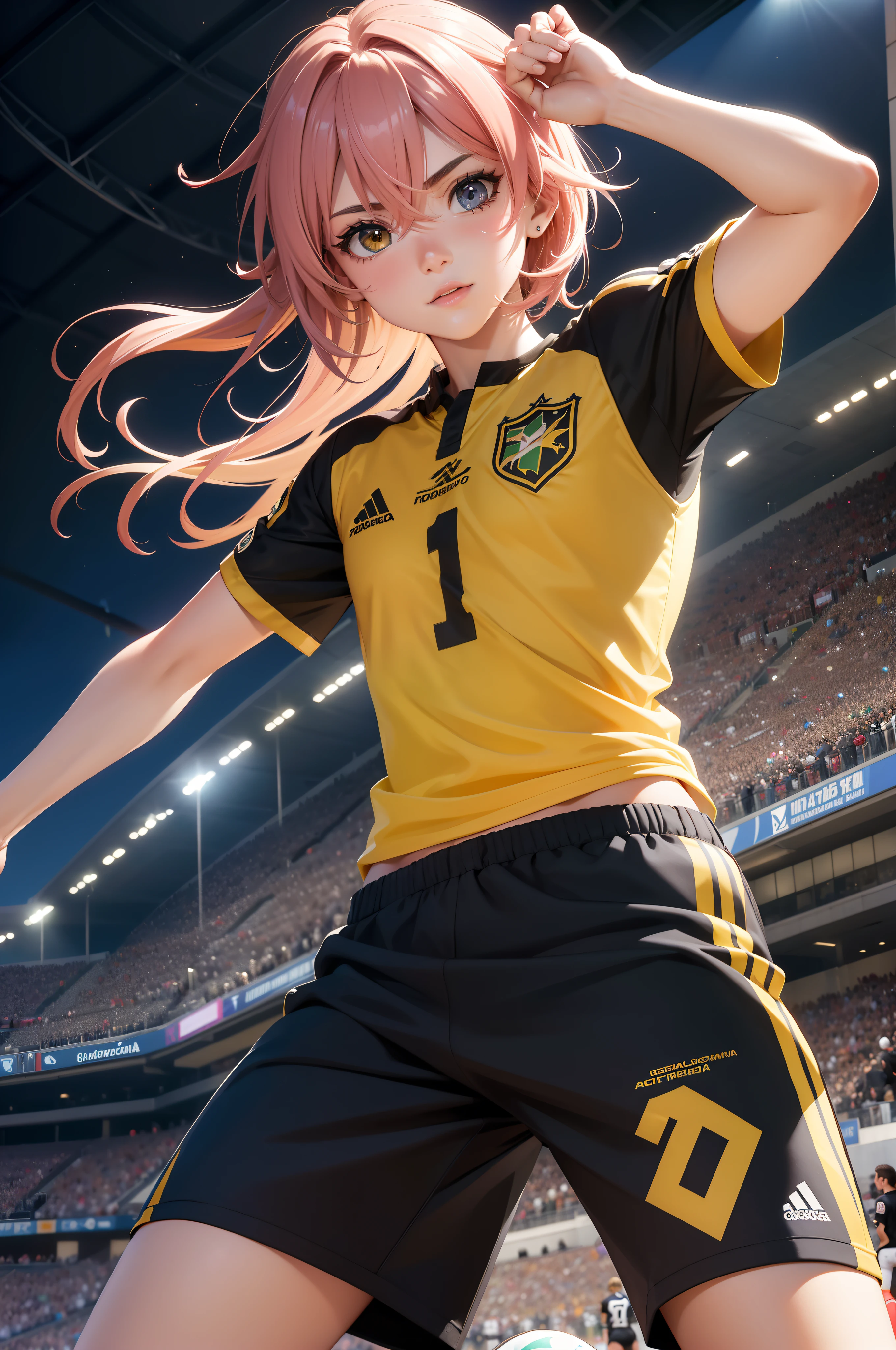 Astolfo em uniforme de futebol,melhor qualidade,4k,8k,Altas,master part:1.2,ultra-detalhado,Realistic:1.37,fotorrealista:1.37, HDR,UHD,exuberante campo de grama verde,Stadium lighting,sombras negras,bola de futebol laranja e branca,gotas de suor cintilantes,Brisa fresca,postura confiante,strong athletic build,sharp facial features,olhos azuis brilhantes com uma pitada de travessura,cabelos loiros brancos bem estilizados,Canary yellow football shirt with black details,Emblem of a lion carried on the chest,shorts azuis escuros sob medida com meias brancas combinando,novas chuteiras pretas brilhantes,Excelente controle de bola, Dribble with elegance,exibindo um trabalho extravagante,flying through the air for a header,Goleiro mergulhando para fazer uma defesa espetacular,Torcida nas arquibancadas,aplausos estrondosos,excitement and adrenaline in the air,Bandeira verde e branca da equipe agitando orgulhosamente.