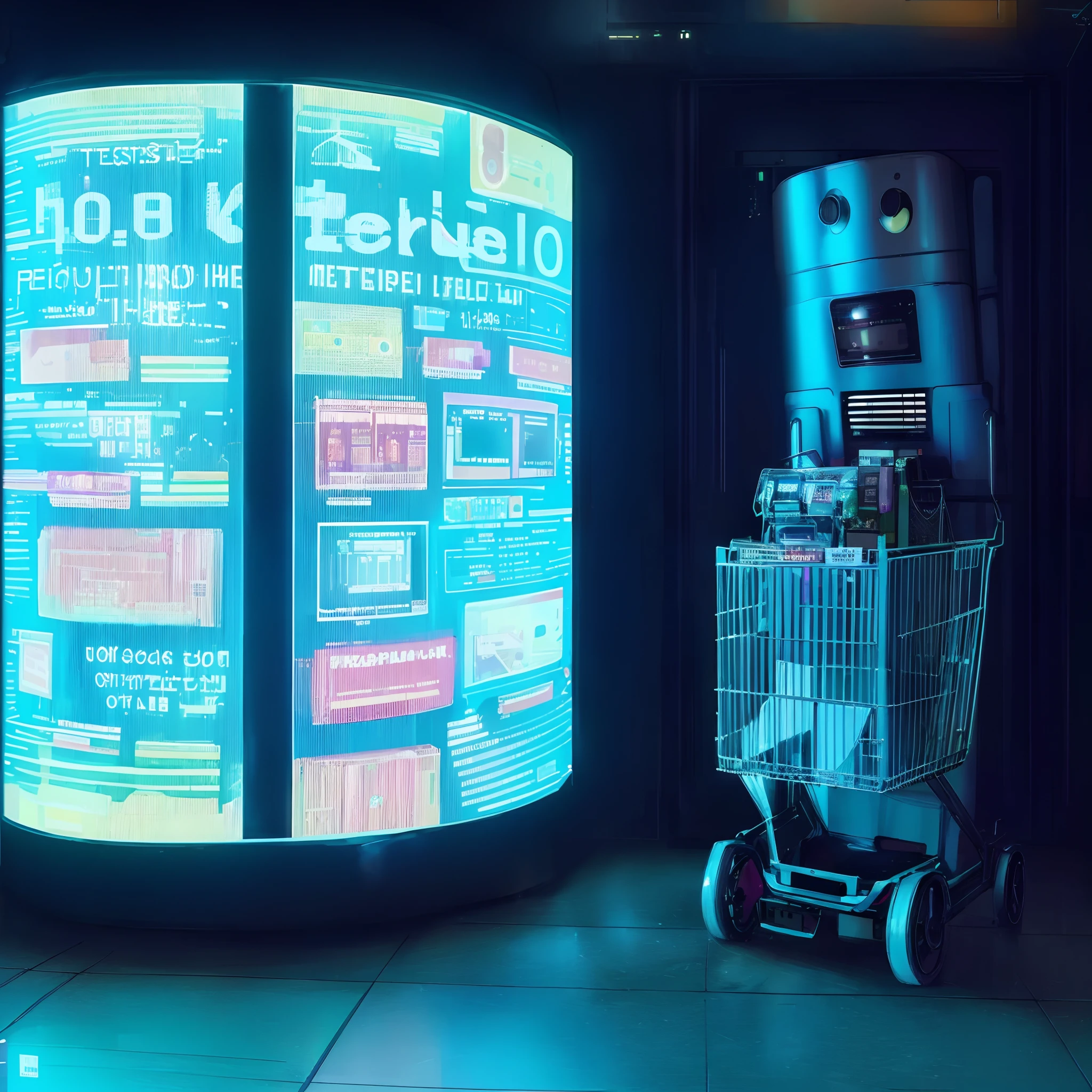 there is a shopping cart sitting in front of a large display, in style of beeple, beeple. hyperrealism, beeple masterpiece, beeple |, cyberpunk ads, inspired by Beeple, beeple!!, style hybrid mix of beeple, beeple style, cyberpunk ikea, beeple daily art