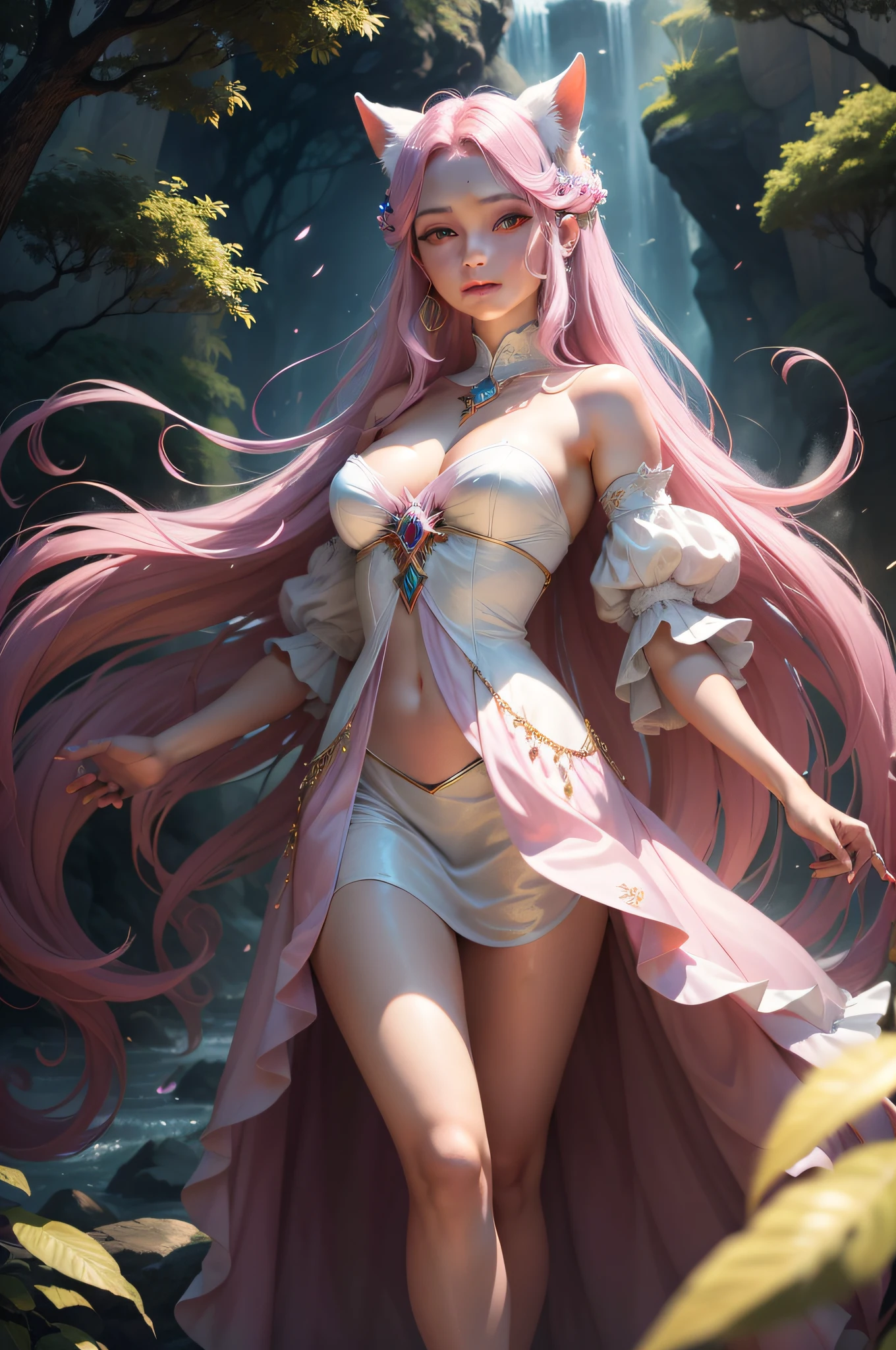 fofa branca e rosa raposa fofa, magica, White strands of magical smoke drift away from him in all directions, his pink-colored eyes., Efeito vidro quebrado, sem antecedentes, atordoante, algo que nem existe, Being mythical, energia, molecular, Texturas, Escalas iridescentes e luminescentes, breathtaking beauty, pure perfection, Divine Presence, unforgettable, impressionante, breathtaking beauty, volumetric light, Ter, raios, cores vivas reflete