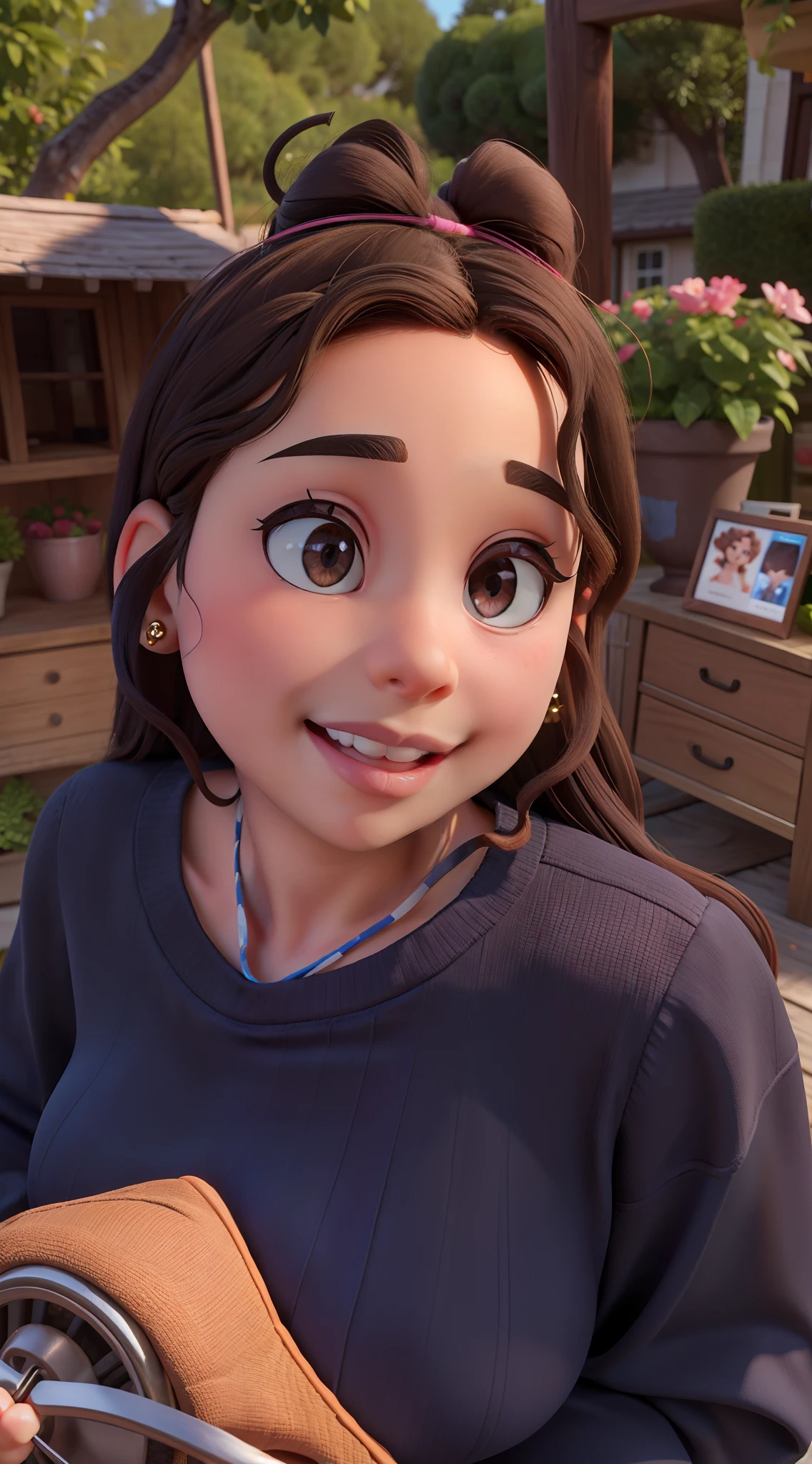 Black little girls family portrait, long curly hair with ribbon, blue shirt, Pink shirt, beeautiful curly hair, beautiful face, Brown curly hair, brown colored eyes, beautiful, romantic, looking at the camera, delicate face, smile, intricate detail, 4k, high resolution, Pixar Cartoon style picture, sexy, big boobs, seduce, Hot, Bikini, bra