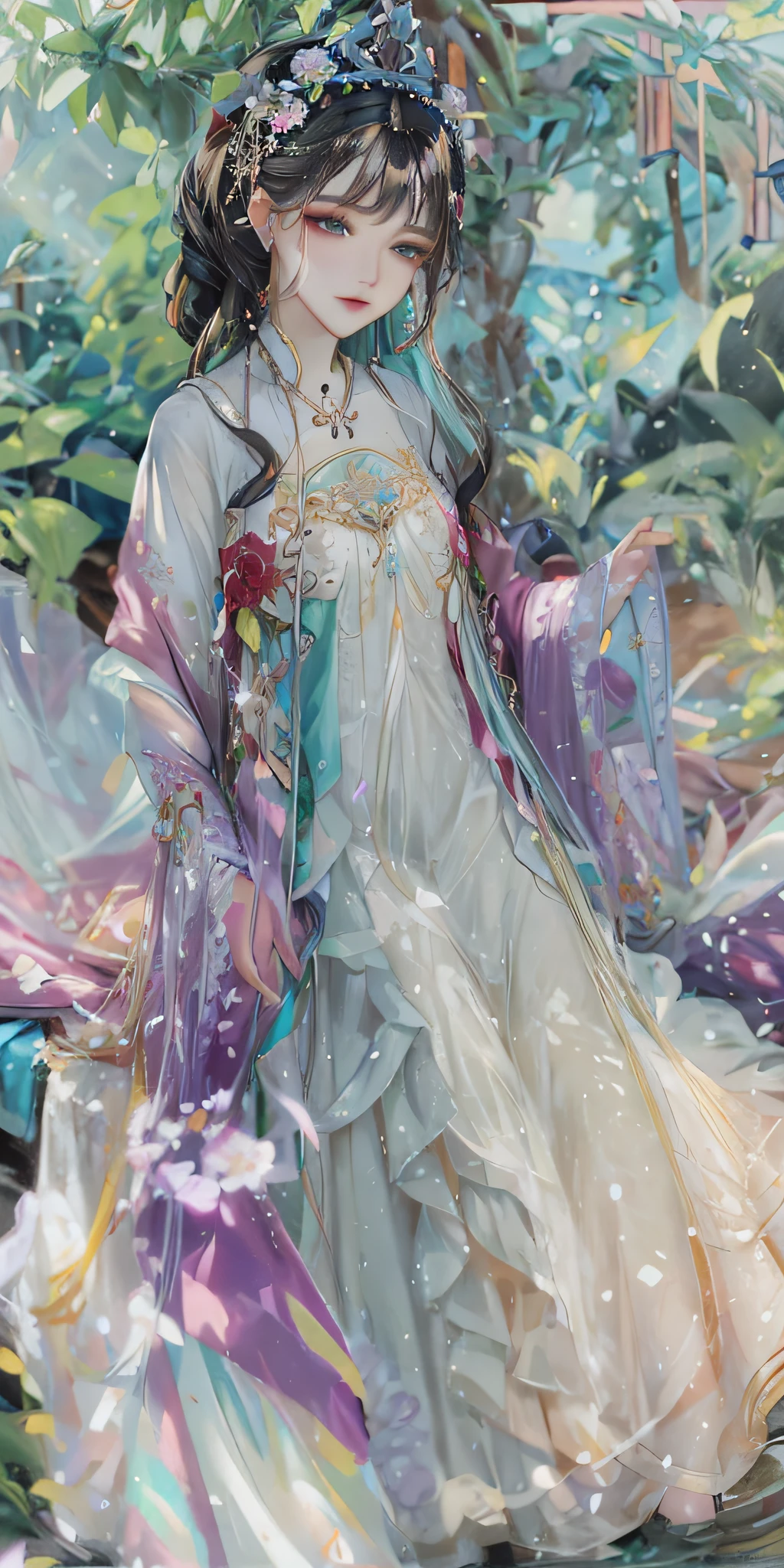 uma pintura de uma mulher em um vestido e uma coroa de flores, Directed by: Chen Lin, ethereal beauty, ((uma bela imperatriz fantasia)), Directed by: Yanjun Cheng, flowing magical robe, uma bela imperatriz fantasia, Jingna Zhang, wlop intrincado, Ethereal Fantasy, Directed by: Zhang Yin, palace ， Uma menina em Hanfu, elfo bonito com vestes ornamentadas