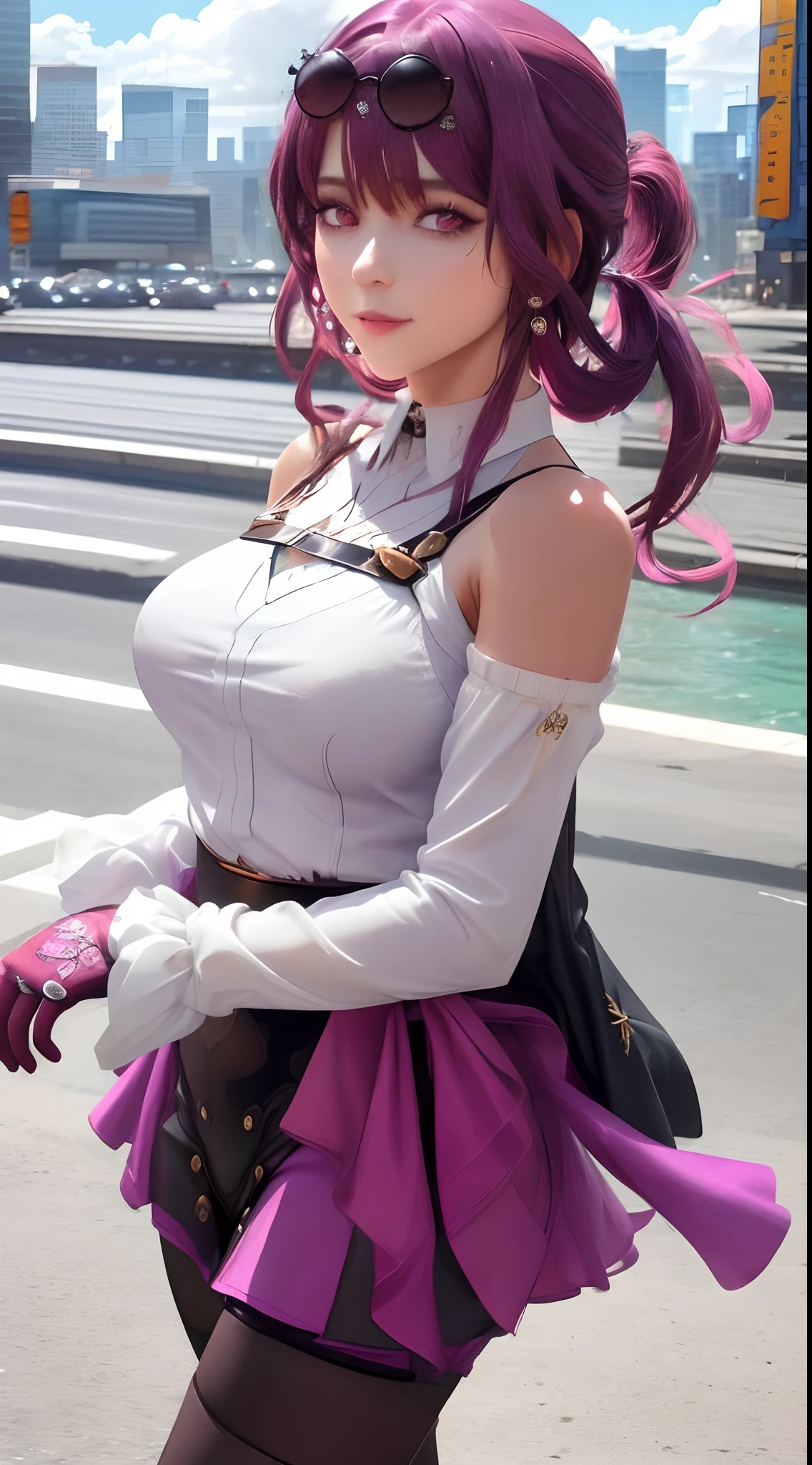 masterpiece, best quality,kfk, 1girl, bangs, bare_shoulders, skirt, breasts, gloves, jewelry, large_breasts, long_hair, long_sleeves, pantyhose, purple_eyes, purple_hair, shirt, solo,viewer,sunglasses,bikini, (sun, cloud,renaissance city around water,outdoors :1.1),rendered in blender((isometric)),