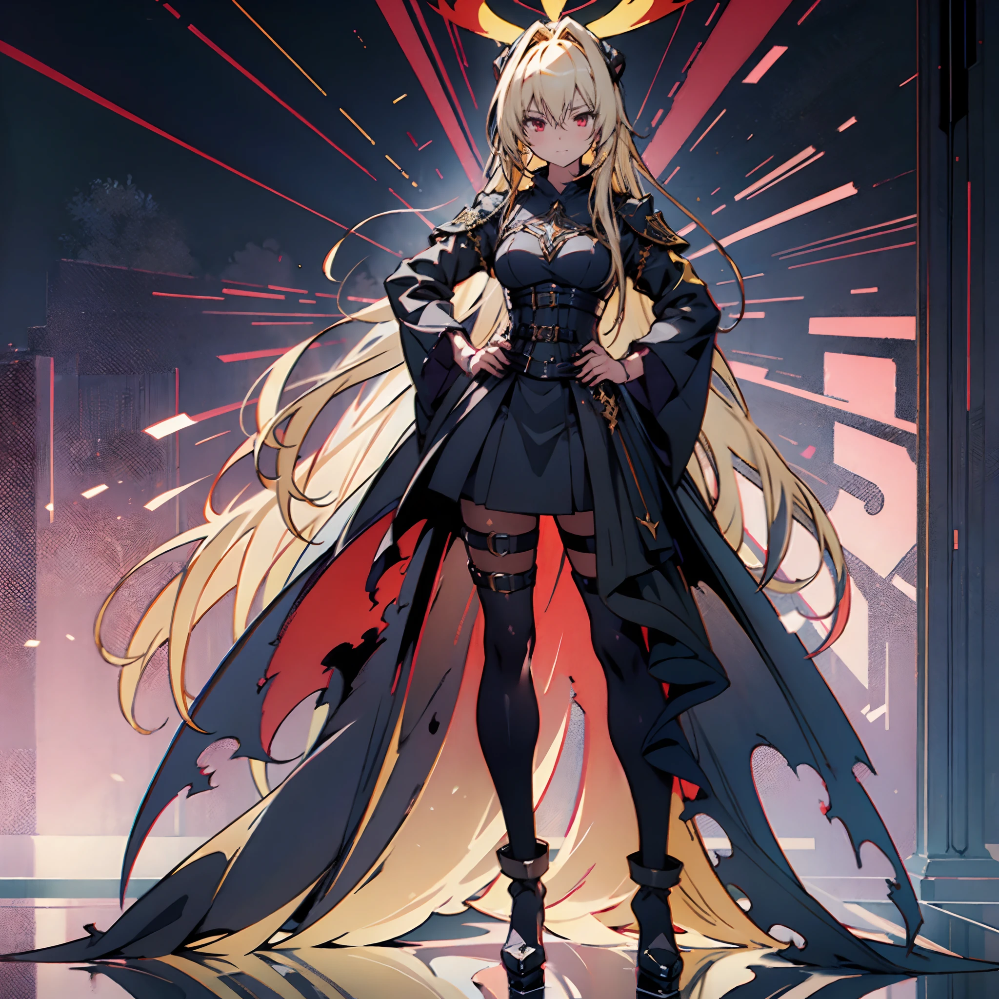 Yami the Golden Darkness wearing gloss black battle dress with silver accents, hands on hips, staring at another person, messy long yellow hair, cute red eyes, amazing beauty and incredible presence, dynamic pose, delicate face, beautiful red eyes, confident facial expression, 8k high resolution, very detailed, anatomically correct, digital painting, concept art, Shinkai Makoto style, clear picture, city, full-body portrait, masterpiece, super fine photo, best quality, super high resolution, photorealistic realism,