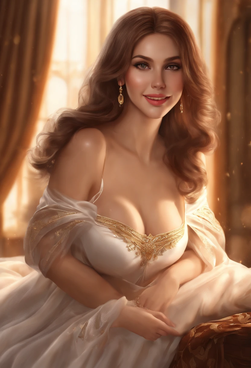 (((Masterpiece))),(CG),best qualityer, illustration,(8K), (Beautiful Meticulous Girl),beautiful detailed glow, illustration, Mature women,full bodyesbian,Solo,Sitting,evening formal robes,Brown hair,covering breasts,Brown eyes,Long hair,hair pin,Large breasts,White heels,Smile,White pantyhose,