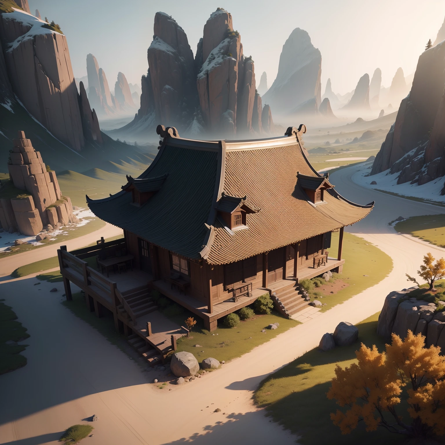 create a 4k HD image of a desolate road, rugged mountains, sparse vegetation (70-year-old Chinese master and his 25-year-old disciple), walking along the road (Images of a humble cottage on the horizon. Master and disciple arrive and are welcomed by the resident family). Set in feudal China. The insanely detailed scenery, trending on DeviantArt, Unreal Engine 4k, digital art, oreAndOnline, award-winning, trending on DeviantArt, sharp focus, studio photography, intricate detail, highly detailed, is full of natural details, from the fallen leaves that form a golden carpet to the tiny edible plants that the two are discovering. ,turbu