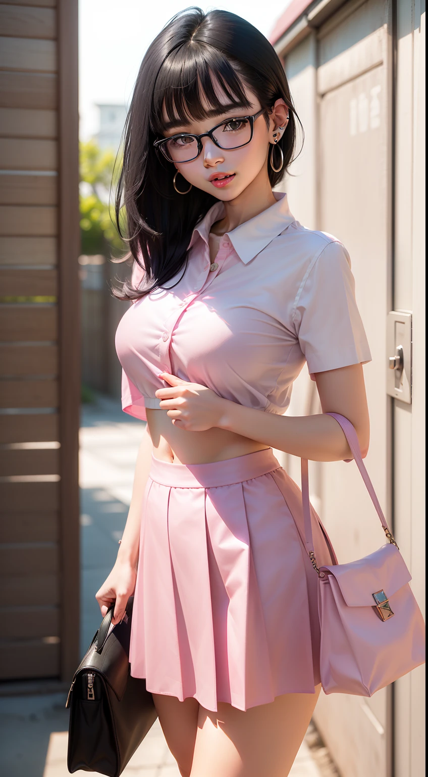 18 years old japanese girl, standing pose, looking straight at the camara, laughing loudly, standing on a clear blue beach (top quality:1.4),(masterpiece:1.3),(Sharp focus:1.2), (Photorealsitic:1.4),(Short shiny black hair, wearing earrings, holding a bag in perfect style:1.4),(Double eyelids, gentle sharp eyes, wearing glasses, big white round glasses looks like student:1.2),Bright face,full body photo,(white skin, pink lips:1.3), short sleeve shirt, big bust, glasses, 1 button bra, school uniform skirt, photo 4k