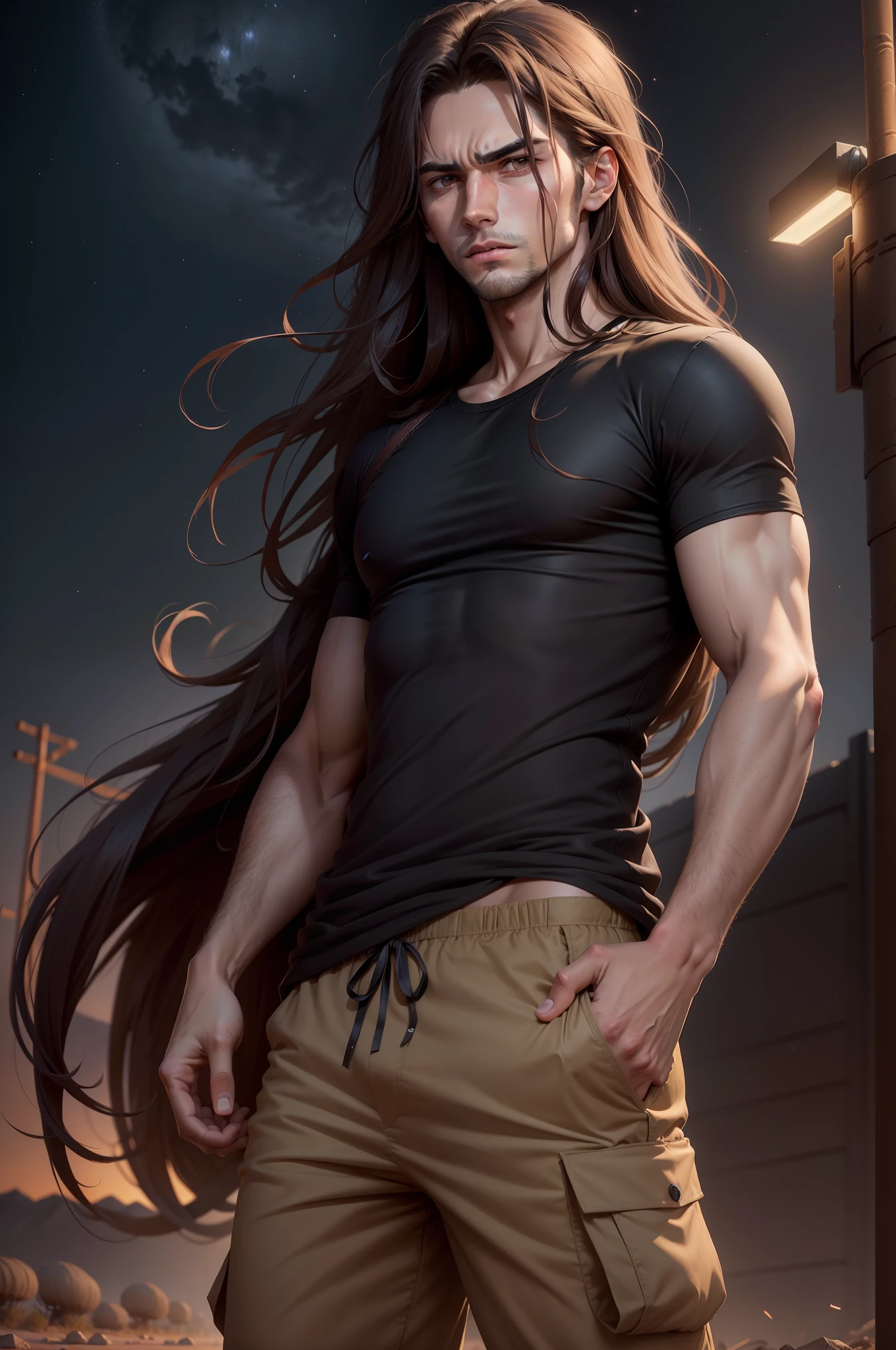 8K realistic image of 23 years old handsome man, long brown hair, brown eyes, dressed in simple black casual shirt, with bandages on arms, angry expression, standing under a desert night sky, anime art style