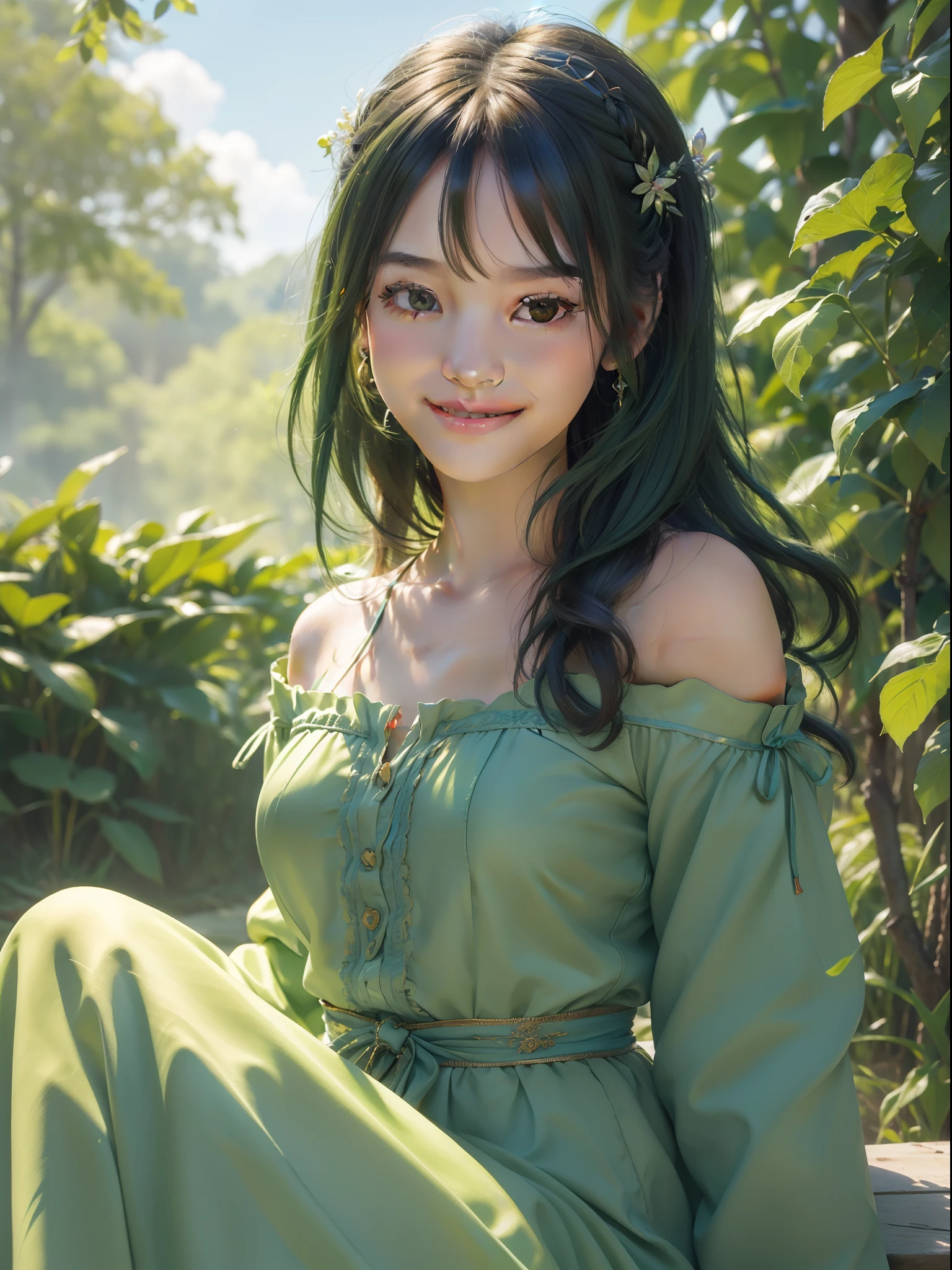 top-quality, ​masterpiece, (Photorealsitic:1.4), ultra-detailliert, Raw photo, girl with, 独奏, A smile, cute little, Wearing hair ornaments, Green clothing, Blue sky background, natural soft light