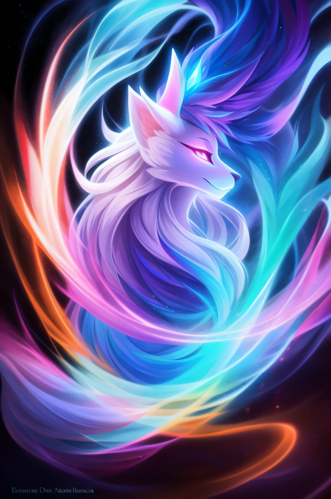 fofa branca e rosa raposa fofa, magia, White strands of magical smoke drift away from him in all directions, seus olhos cor-de-rosa., Efeito vidro quebrado, sem antecedentes, atordoante, algo que nem existe, Being mythical, energia, molecular, Texturas, Escalas iridescentes e luminescentes, breathtaking beauty, pure perfection, Divine Presence, unforgettable, impressionante, breathtaking beauty, volumetric light, Ter, raios, cores vivas reflete