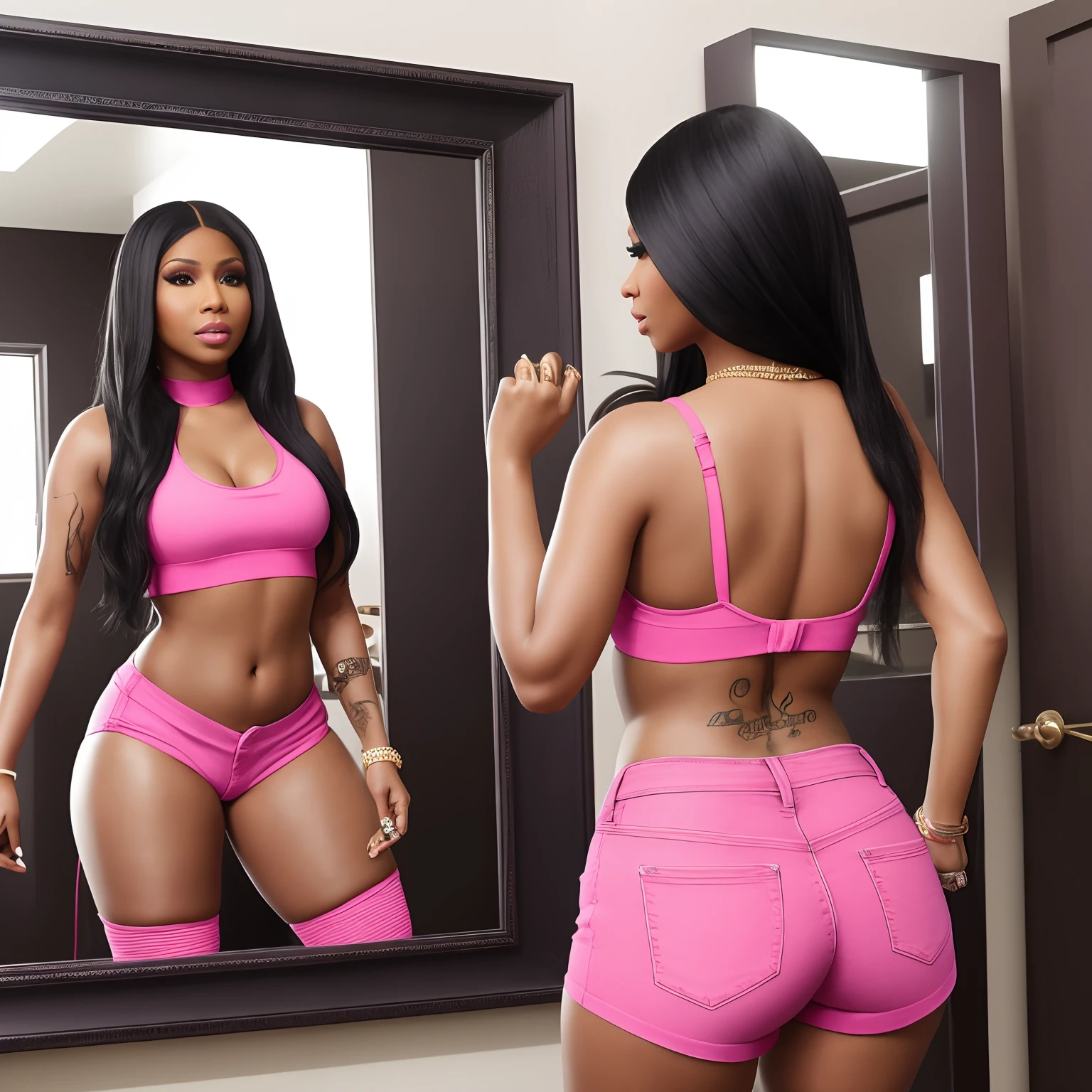 Rapper Nicki Minaj wearing jean shorts posing in mirror fat butt
