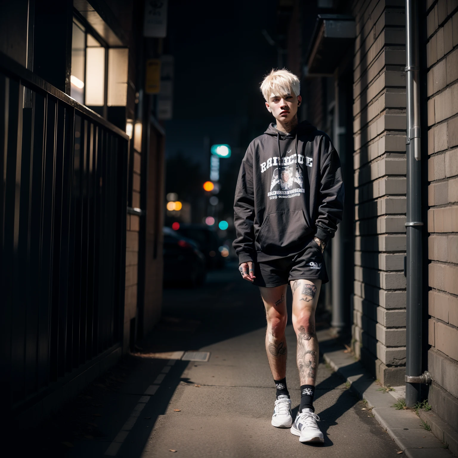 Homem With platinum hair with tattoos, black sweatshirt, black shorts, white shoes, photo at night