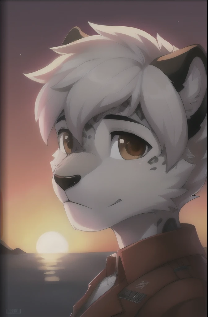 snow leopard, male, furry, white short curly hair, gray fur, military clothers, spots in face, brown eyes, sunset sky, gray spots in face, very small mouth, rounded black ear, mig-29 in the sky