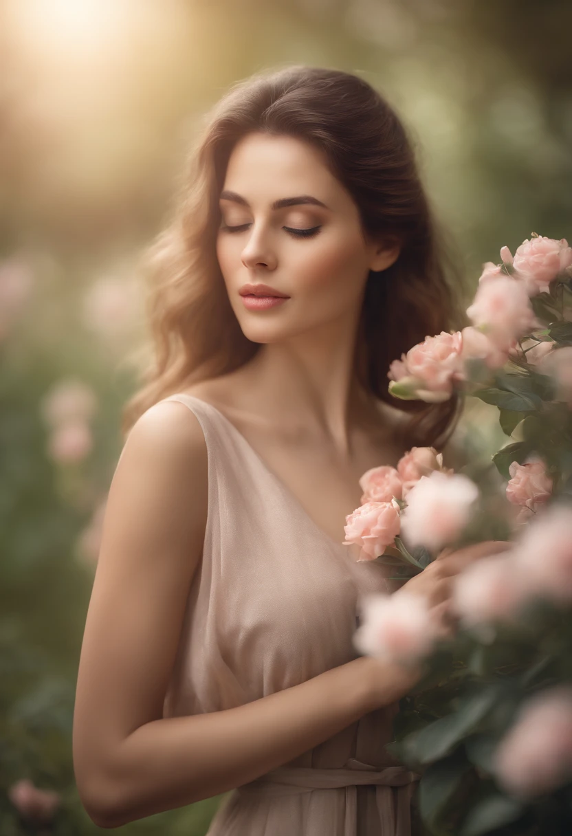 The model in a serene and peaceful pose, in a calming and tranquil setting.
(main subject) a woman with serene expression and elegant posture, (material) in a delicate oil painting style, (additional details) surrounded by blooming flowers, (image quality) best quality, high-resolution masterpiece:1.2, ultra-detailed, (art style) portrait, (color tone) soft, pastel colors, (lighting) soft diffused light.