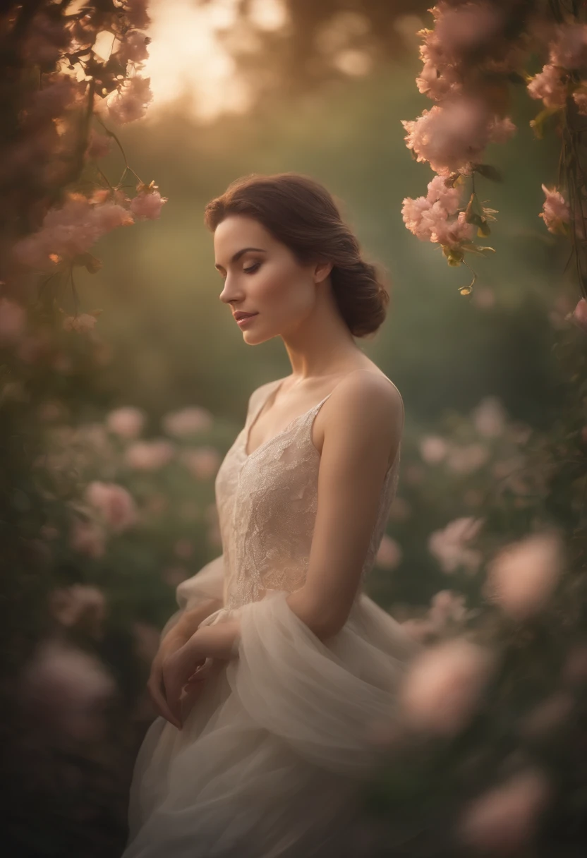 The model in a serene and peaceful pose, in a calming and tranquil setting.
(main subject) a woman with serene expression and elegant posture, (material) in a delicate oil painting style, (additional details) surrounded by blooming flowers, (image quality) best quality, high-resolution masterpiece:1.2, ultra-detailed, (art style) portrait, (color tone) soft, pastel colors, (lighting) soft diffused light.