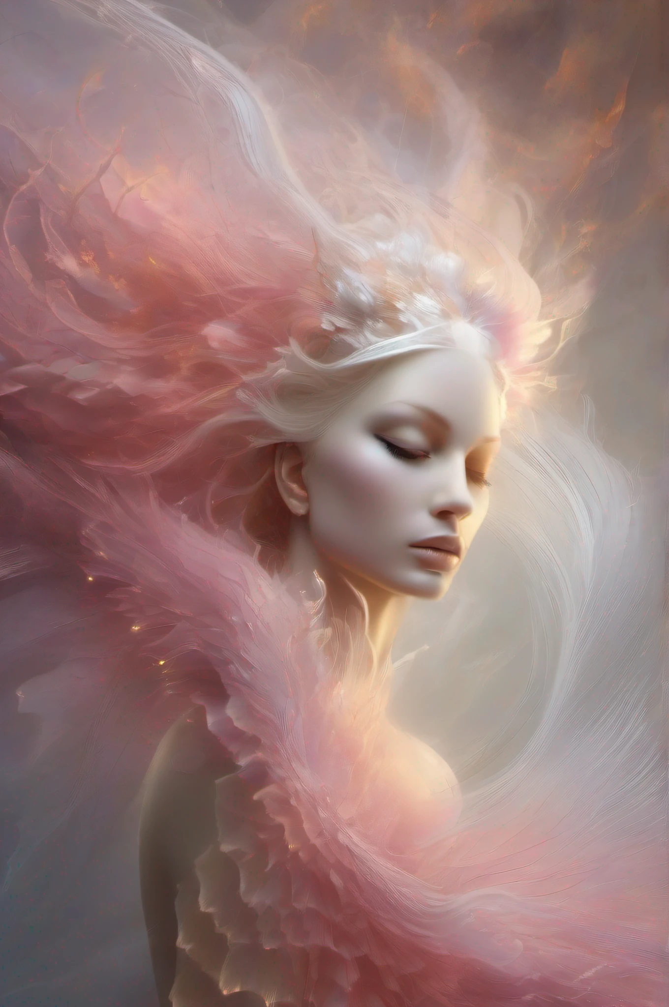 fofa branca e rosa raposa fofa, magia, White strands of magical smoke drift away from him in all directions, seus olhos cor-de-rosa., Efeito vidro quebrado, sem antecedentes, atordoante, algo que nem existe, Being mythical, energia, molecular, Texturas, Escalas iridescentes e luminescentes, breathtaking beauty, pure perfection, Divine Presence, unforgettable, impressionante, breathtaking beauty, volumetric light, Ter, raios, cores vivas reflete