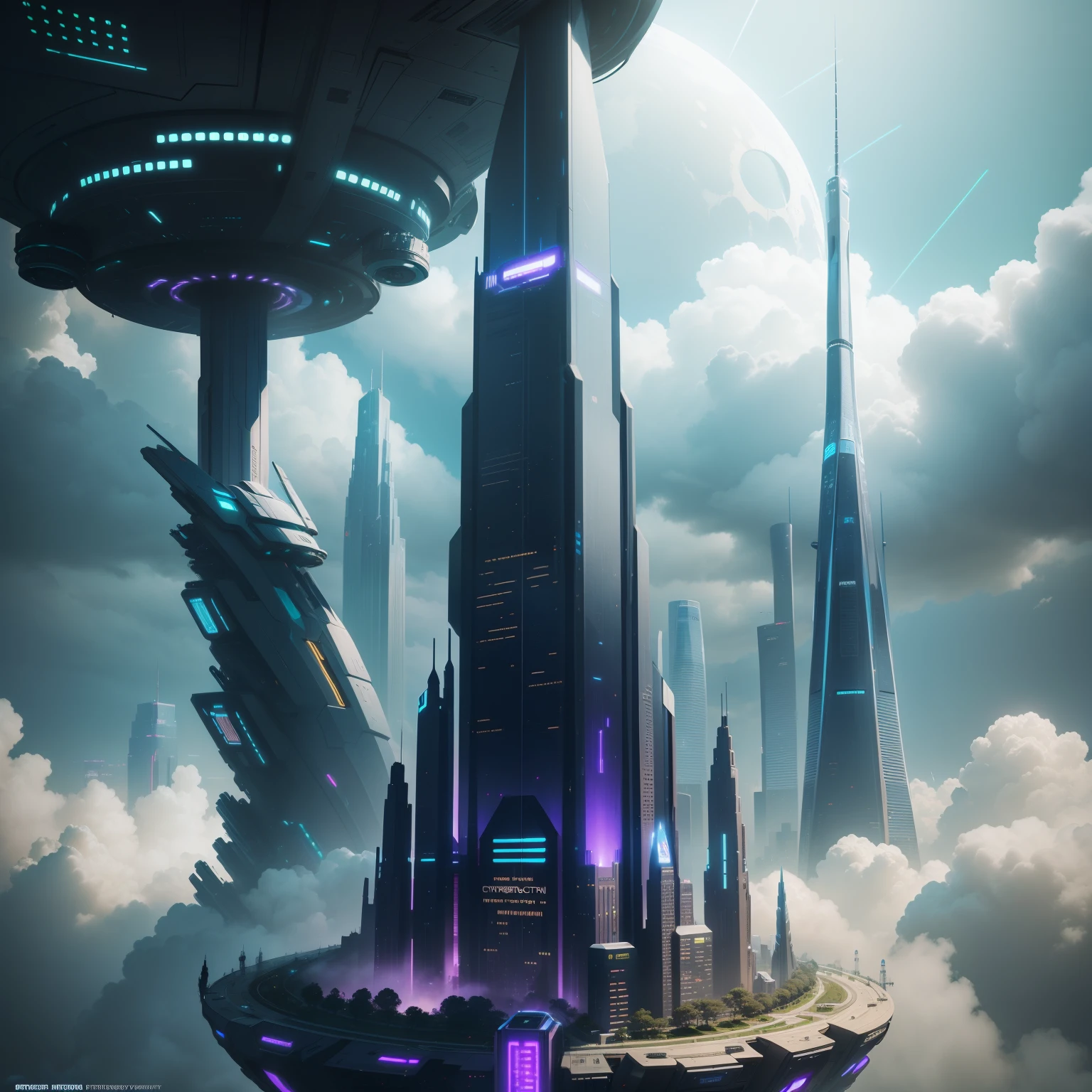 cyberpunked　futuristic cities　Skyscrapers　HD Images　Skyscrapers tall through the clouds　top-quality　​masterpiece　ＳＦart by　epcot　ＳＦFantasy City　planet earth　epcot