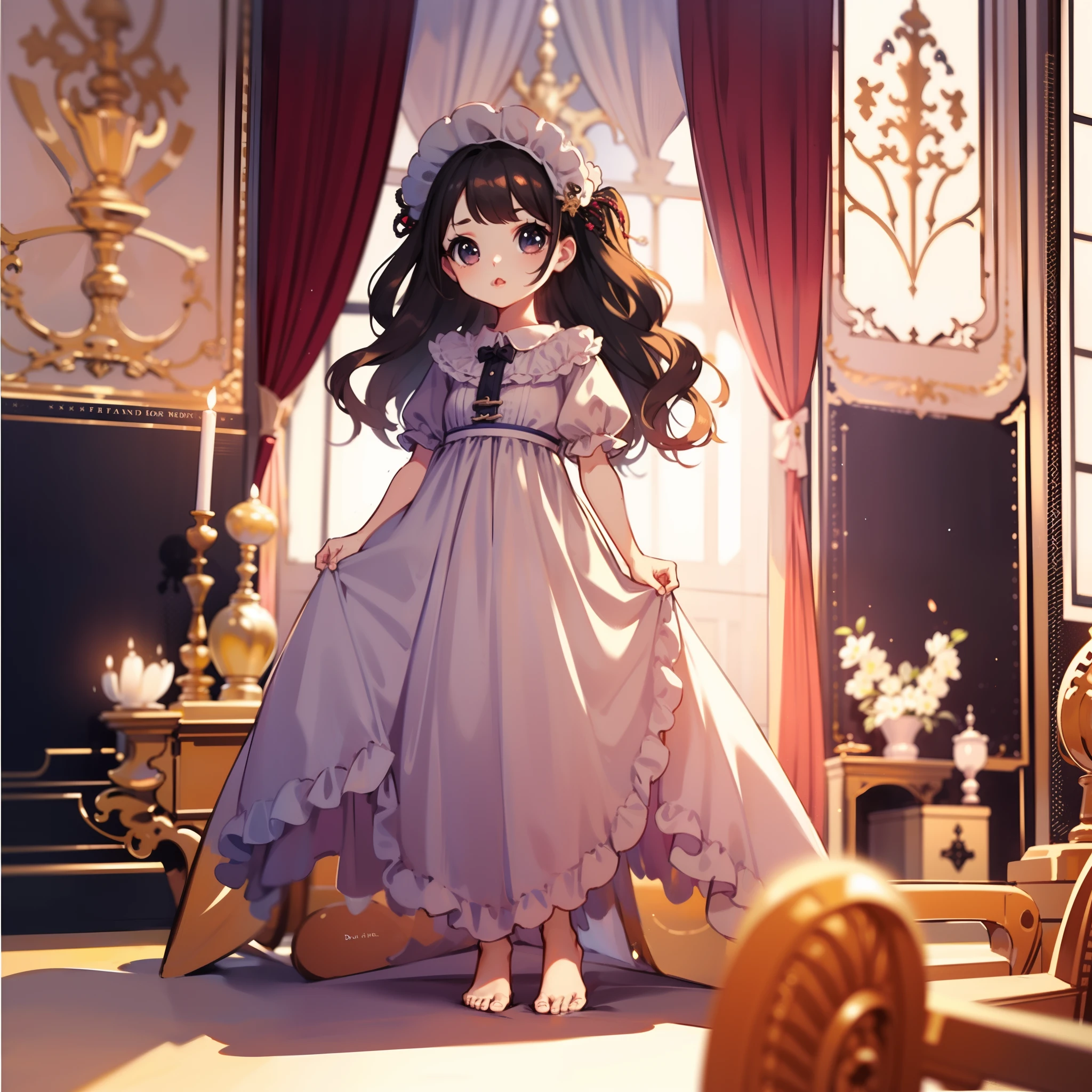 very cute female child:1.1,10 yo,action:1.6,Gothic ta cloth:1.8,b dutch angle shot,dynamic angle:1.6,ground-level shot,low angle,full body shot,medium shot,BREAK Barefoot,livingroom:1.5,Summer,day, Long hair,flat chest,Wind,Drooping sweat:1.1,BREAK (extremely detailed CG unity 8k portrait),(highly detailed fingers),(Masterpiece: 1.3),(ultra detailed face),(Exquisite Detail: 1.2),highly detail Eye,(Highest Quality:1.4), (Super-Resolution: 1.2),(super fine illustration), Eyelashes, Best Quality,super detailed skin,